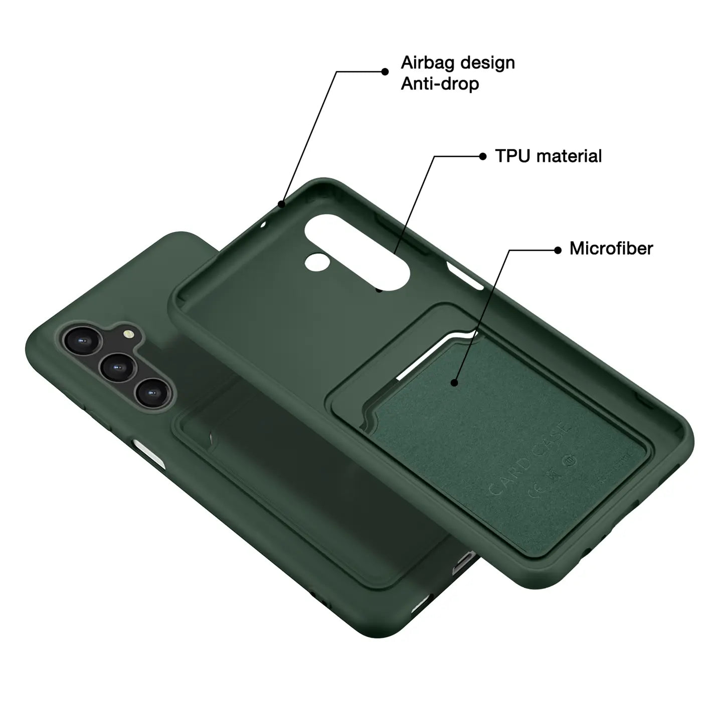 Dunkelgrüne TPU-Hülle mit Kartenfach, von schräg oben, zeigt Rückseite des Samsung Galaxy S24 Plus.