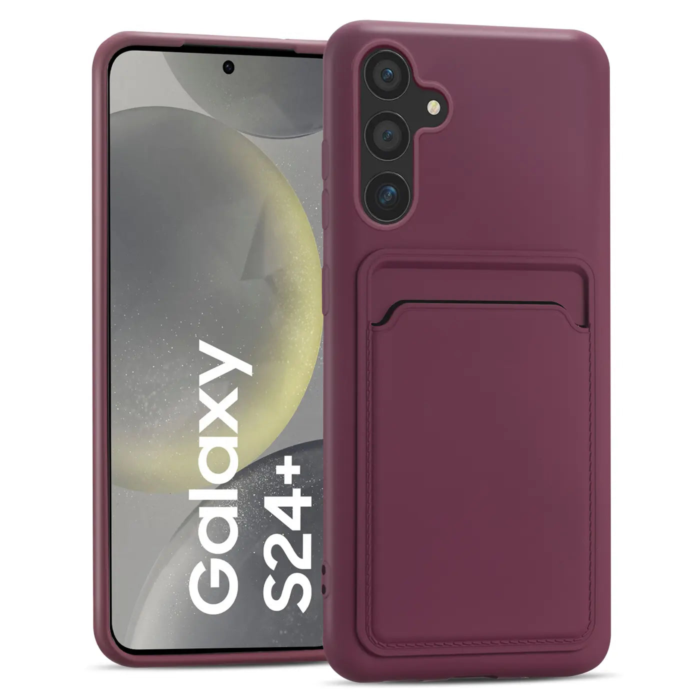 Dunkelrote Slim Hülle aus Kunststoff mit Kartenfach für Samsung Galaxy S24+, von vorne links