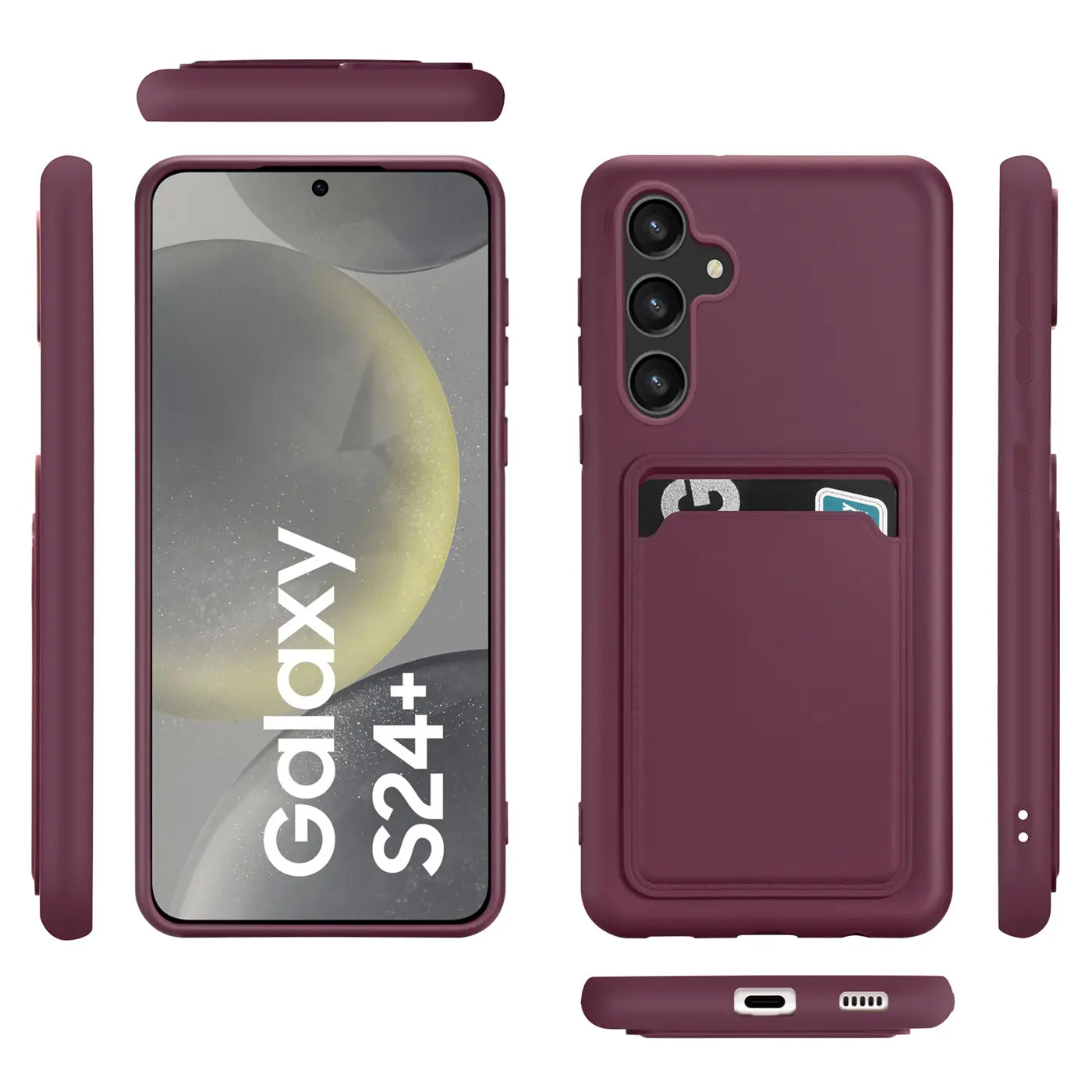 Dunkelrote Hülle mit Kartenfach für Samsung Galaxy S24 Plus, verschiedene Ansichten.