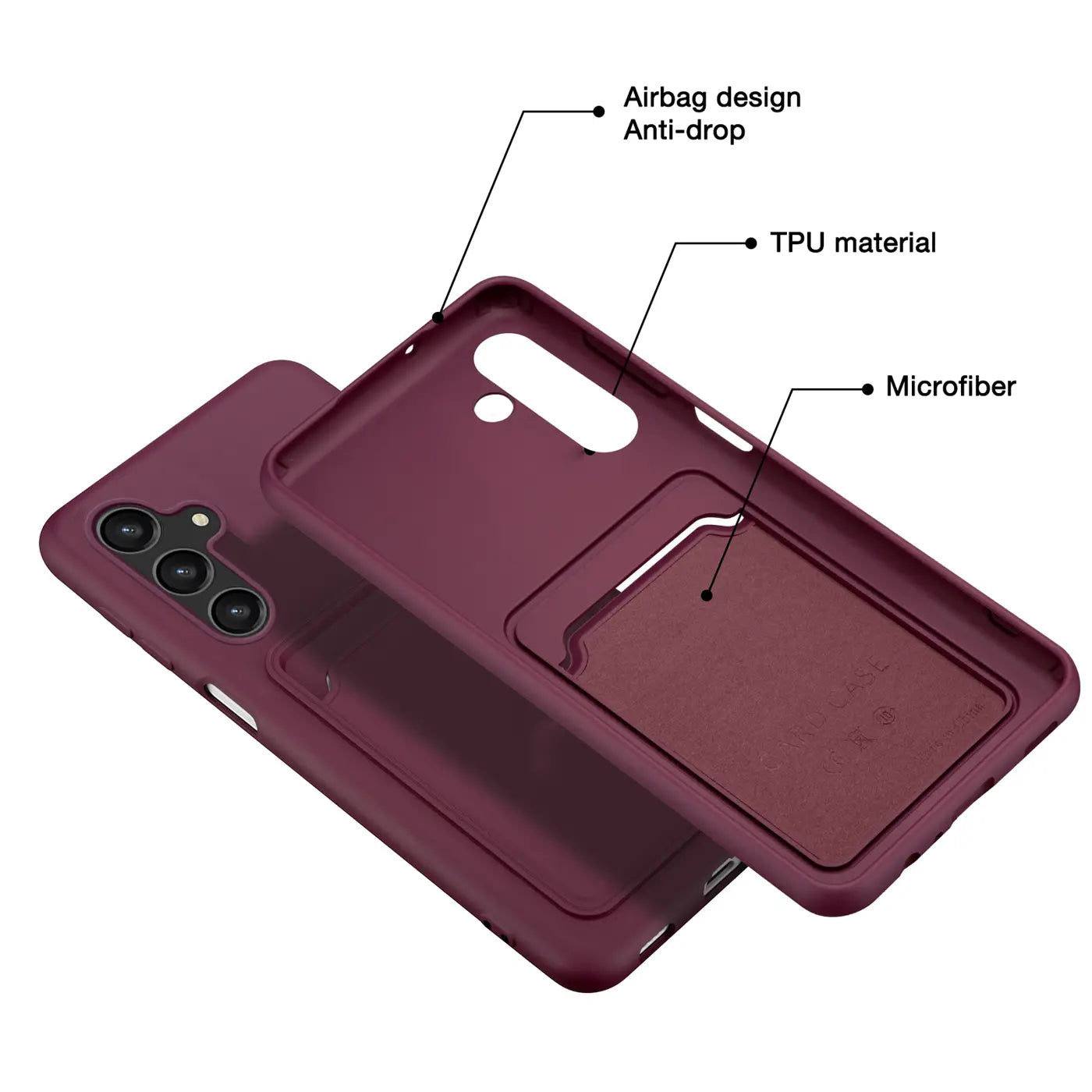 Dunkelrote TPU-Hülle mit Kartenfach und Mikrofaserfutter für Samsung Galaxy S24 Plus, von oben schräg gezeigt.
