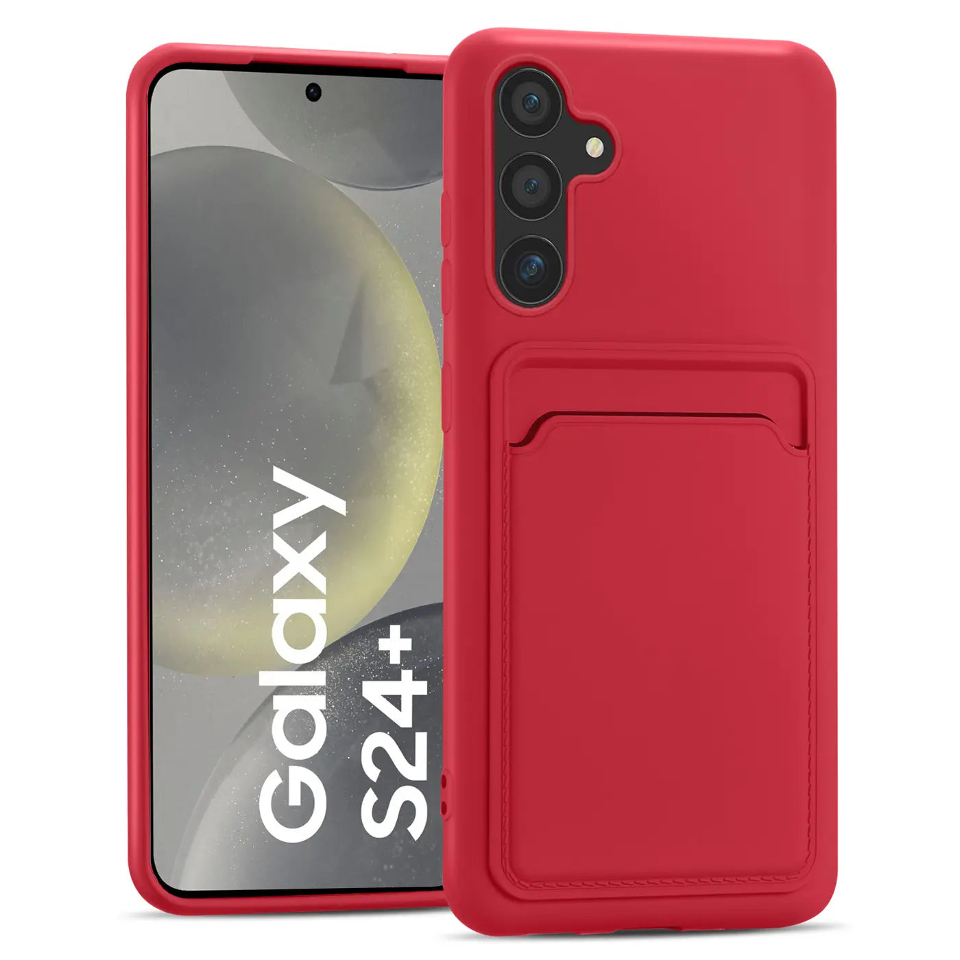 Rote Slim Hülle mit Kartenfach für Samsung Galaxy S24+, aus Kunststoff, von vorne gesehen.