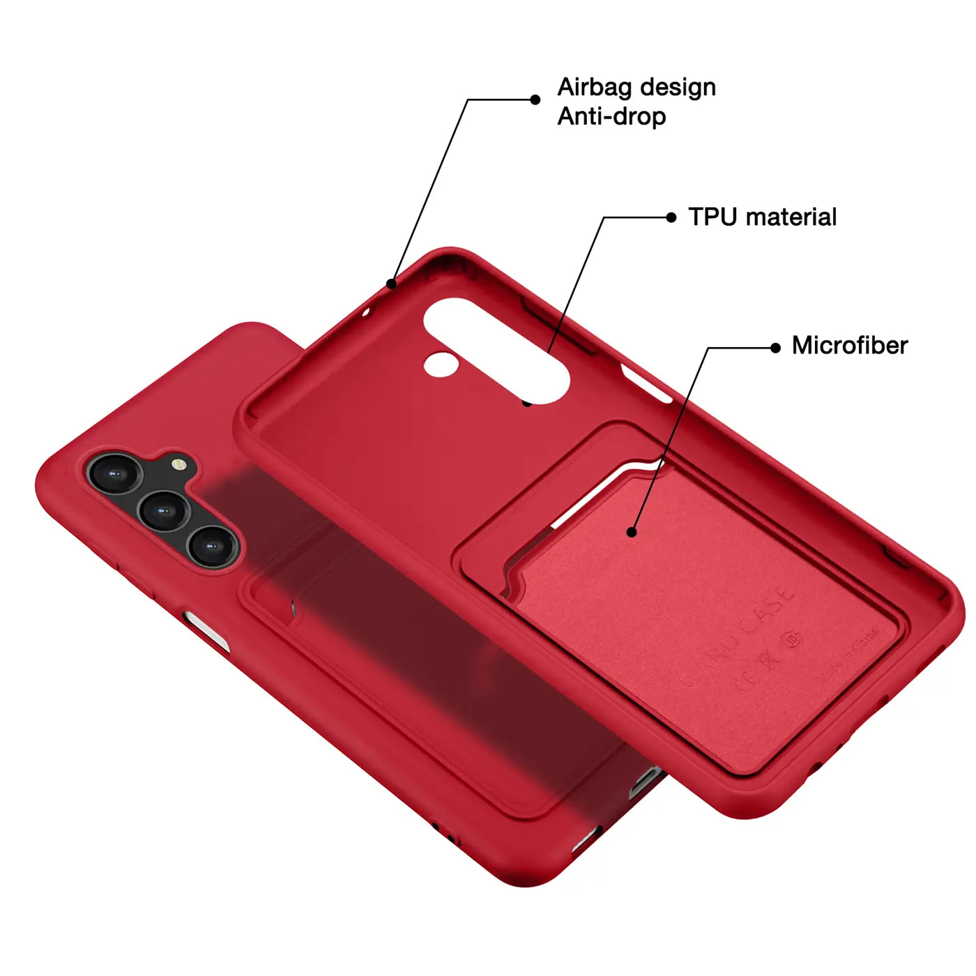 Rote TPU-Hülle mit Kartenfach, Rückansicht, Samsung S24 Plus erkennbar.