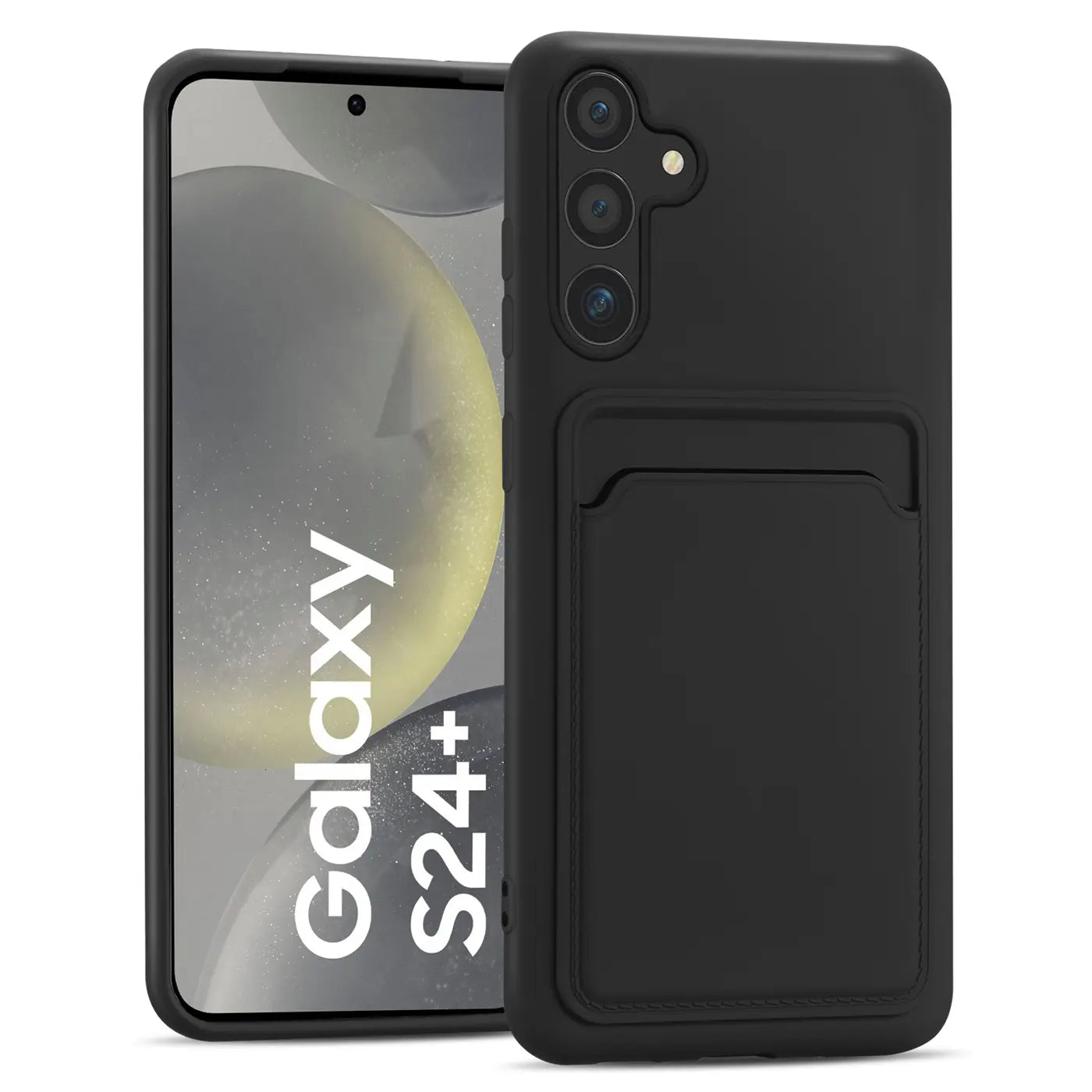 Schwarze Slim Hülle aus Kunststoff mit Kartenfach für Samsung Galaxy S24 Plus, von vorne.