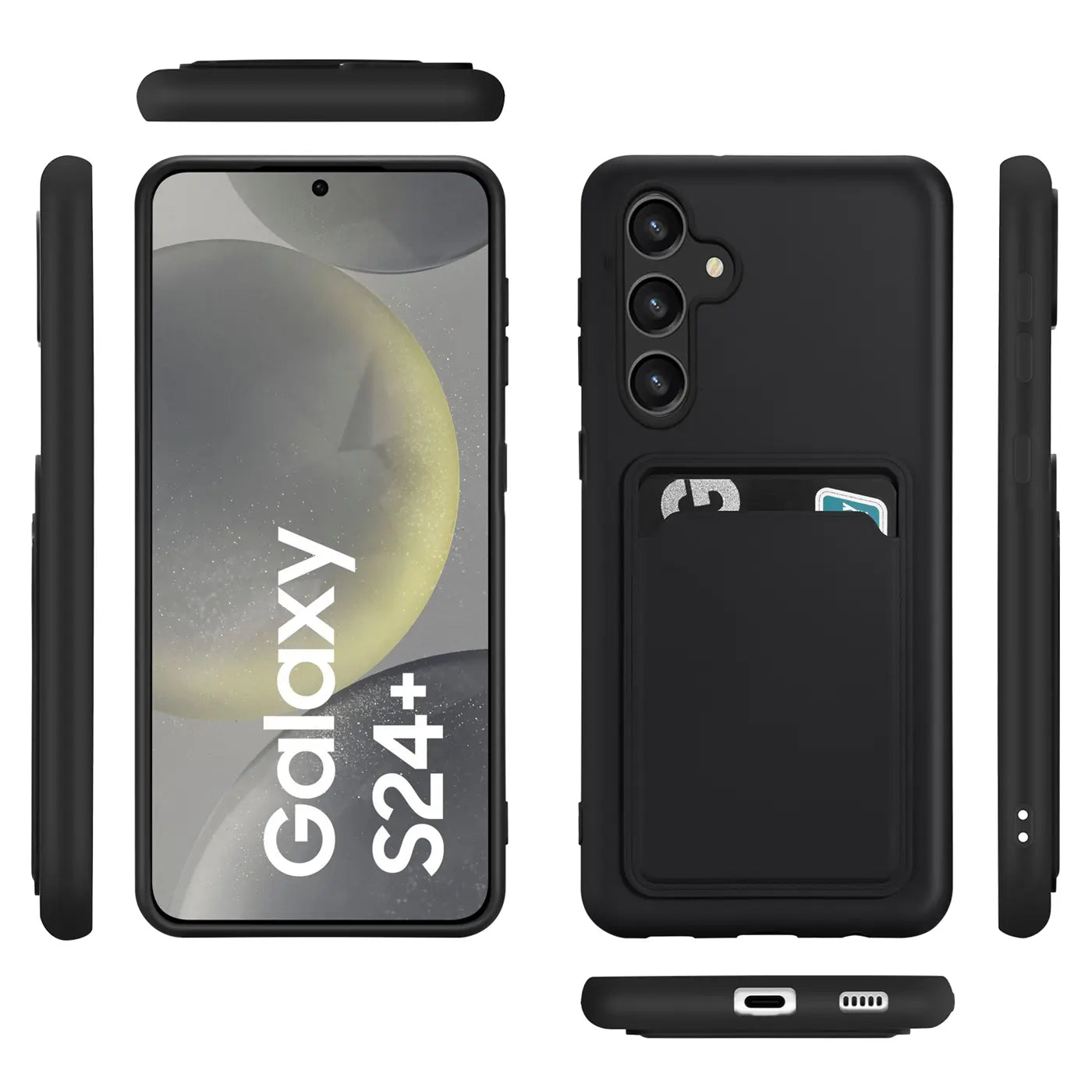 Schwarze Slim Hülle mit Kartenfach für Samsung Galaxy S24 Plus, verschiedene Ansichten.
