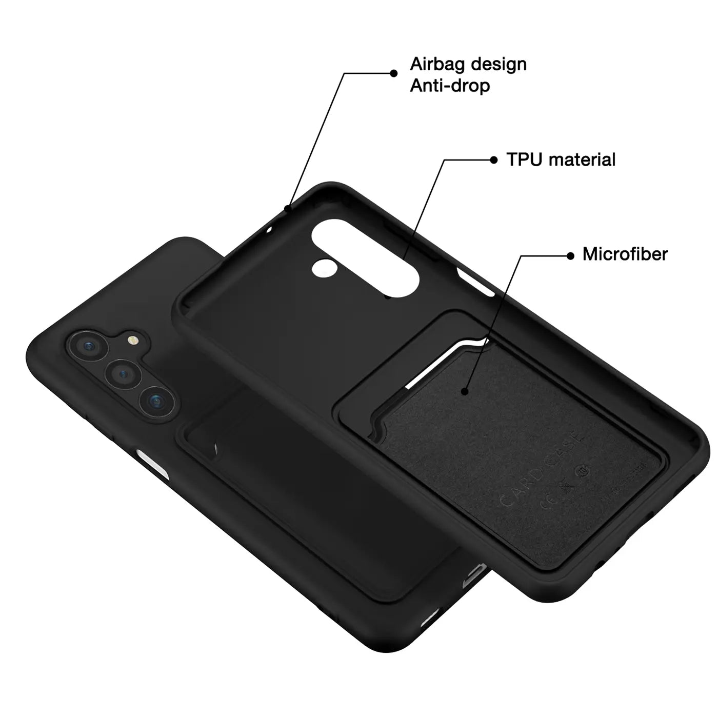 Schwarze TPU-Hülle mit Kartenfach, Rückansicht, für Samsung Galaxy S24 Plus.