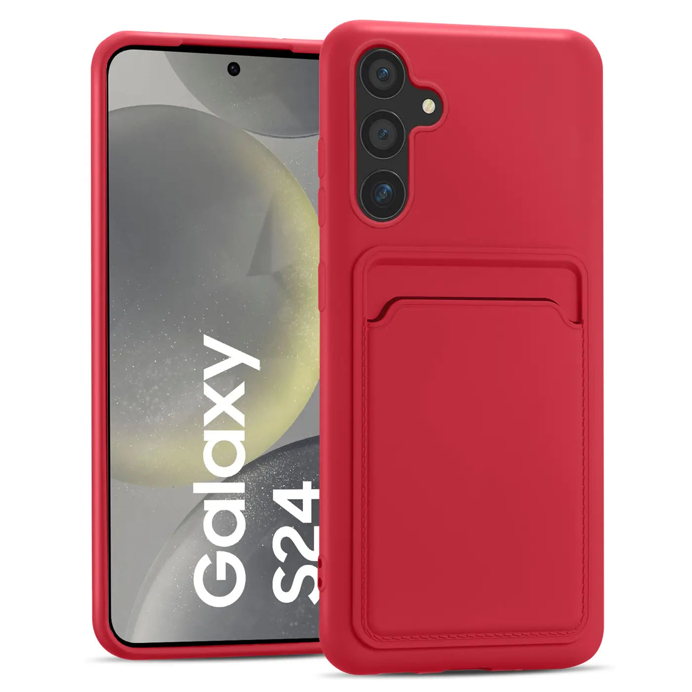 Rote Slim Hülle mit Kartenfach für Samsung Galaxy S24, aus Kunststoff, von vorne.