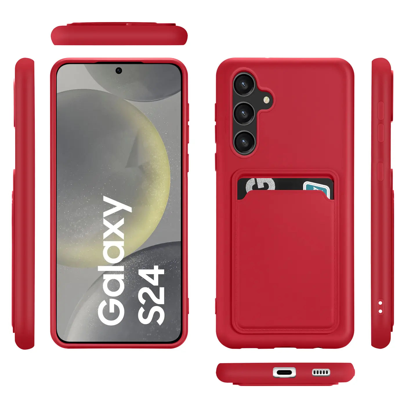 Rote Slim Hülle mit Kartenfach für Samsung Galaxy S24, verschiedene Ansichten
