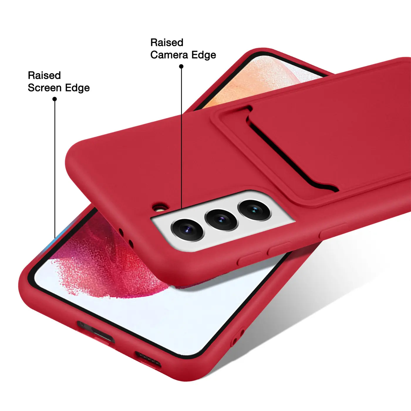 Rote Slim Hülle aus Kunststoff mit Kartenfach für Samsung Galaxy S24, Nahaufnahme