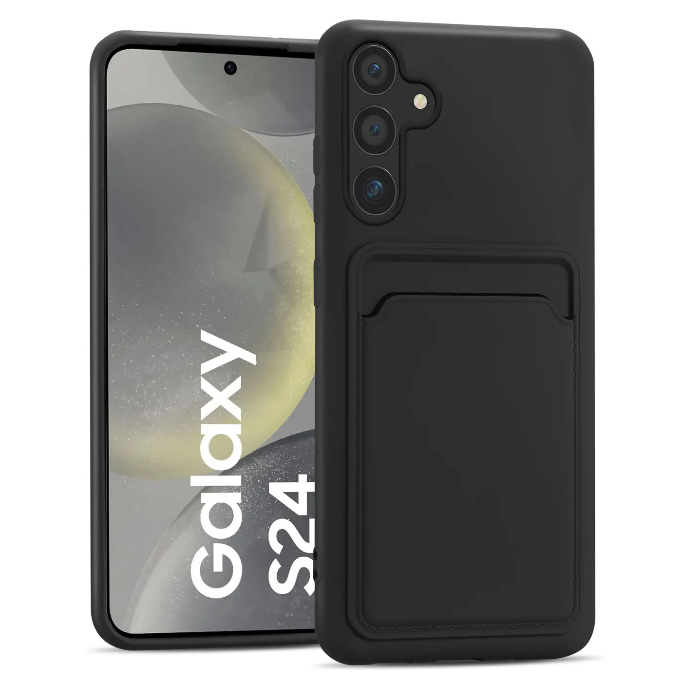Schwarze Slim Hülle aus Kunststoff mit Kartenfach für Samsung Galaxy S24, von vorne gesehen.