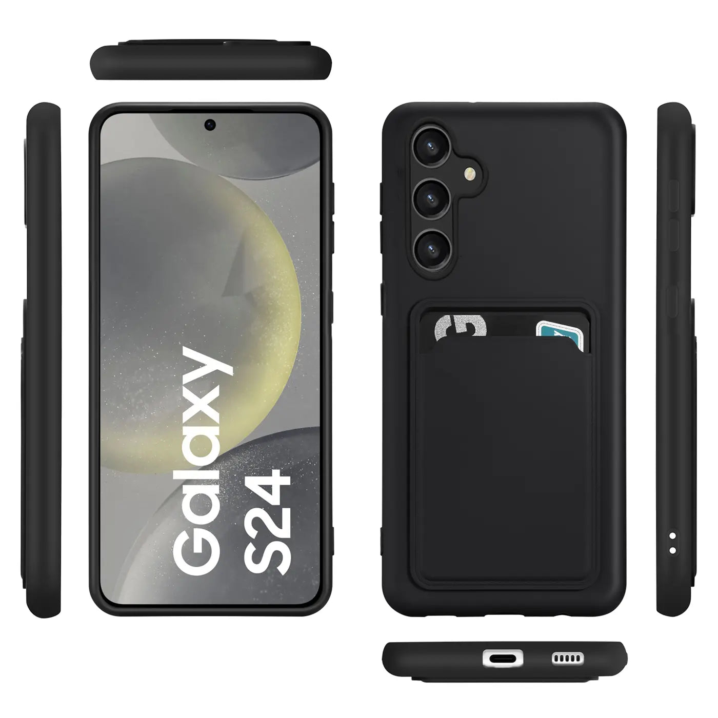 Schwarze Slim Hülle aus Kunststoff mit Kartenfach für Samsung Galaxy S24, verschiedene Ansichten.