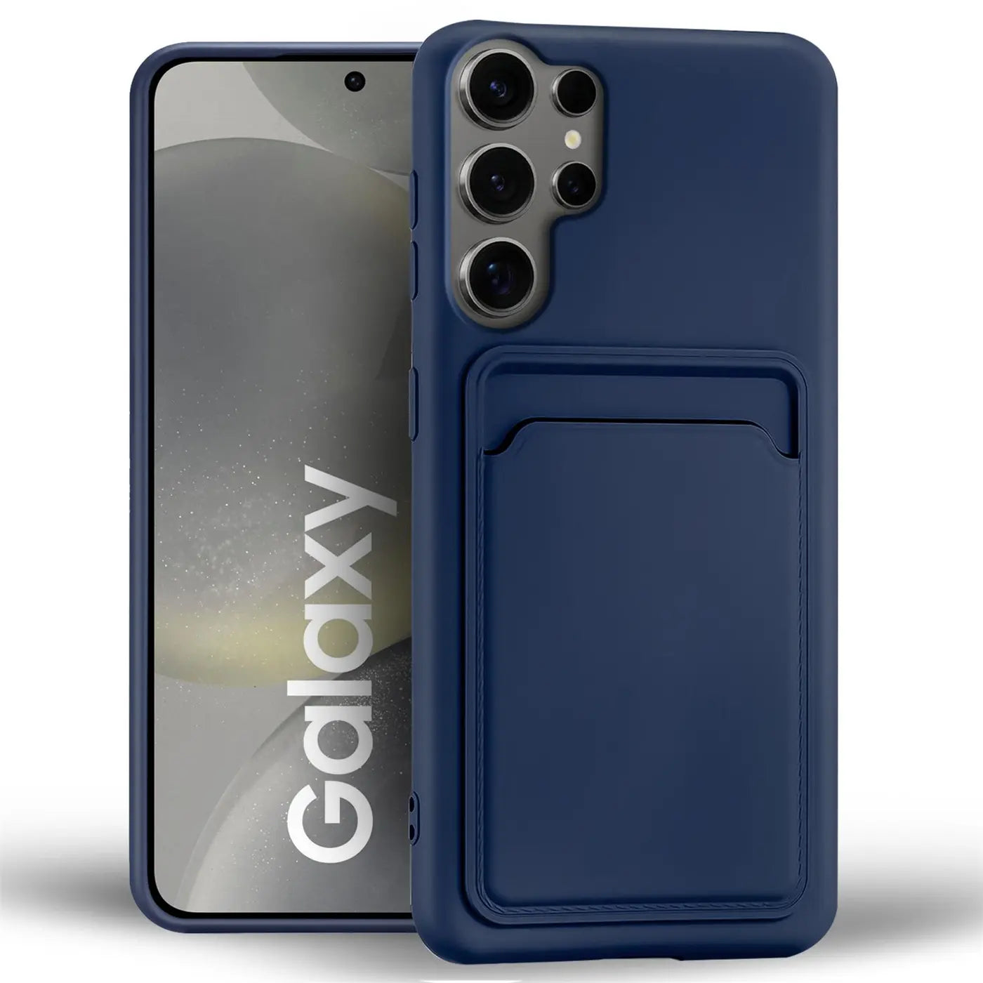 Dunkelblaue Slim Hülle aus Kunststoff mit Kartenfach, Vorderansicht, Samsung Galaxy S24 Ultra