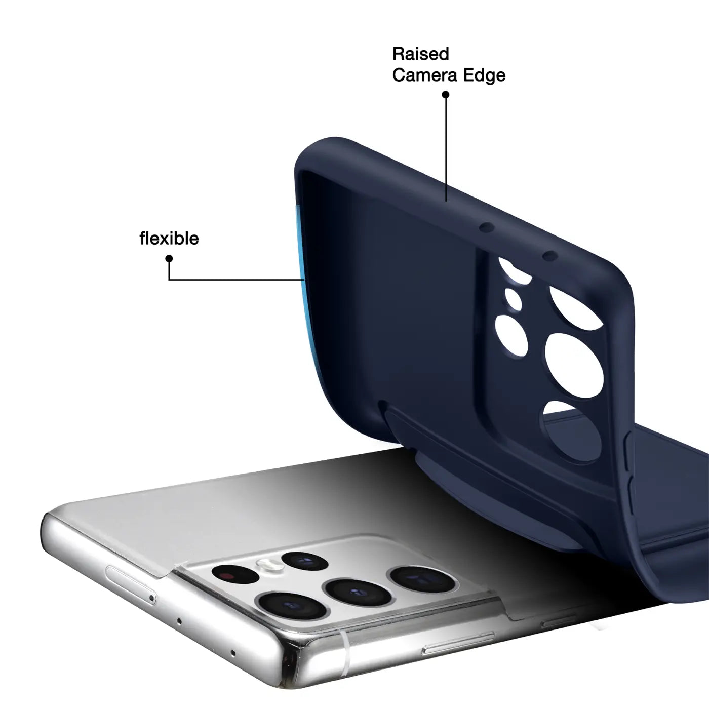 Dunkelblaue flexible Hülle wird auf ein Samsung S24 Ultra gelegt, Seitenansicht.