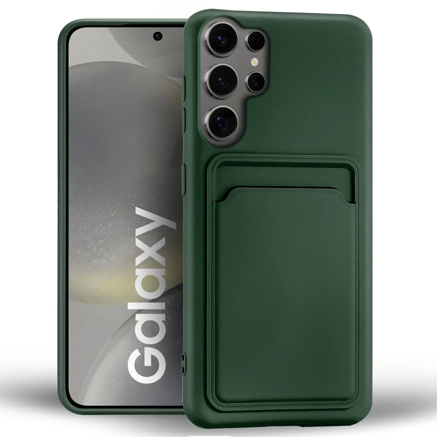 Dunkelgrüne Handyhülle aus Kunststoff mit Kartenfach, Vorderansicht, Samsung Galaxy S24 Ultra.