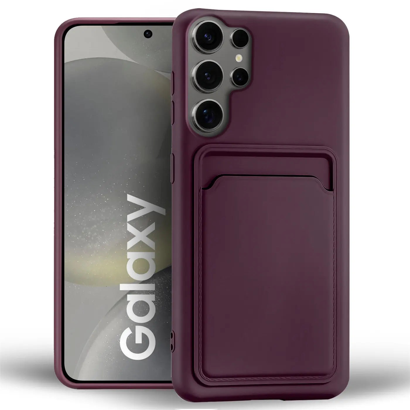 Dunkelviolette Slim Hülle mit Kartenfach, aus Kunstleder, für Samsung Galaxy S24 Ultra.