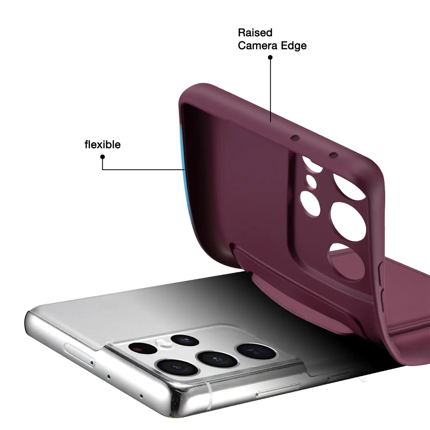 Dunkelrote, flexible Hülle wird auf ein silbernes Samsung Galaxy S24 Ultra gelegt.