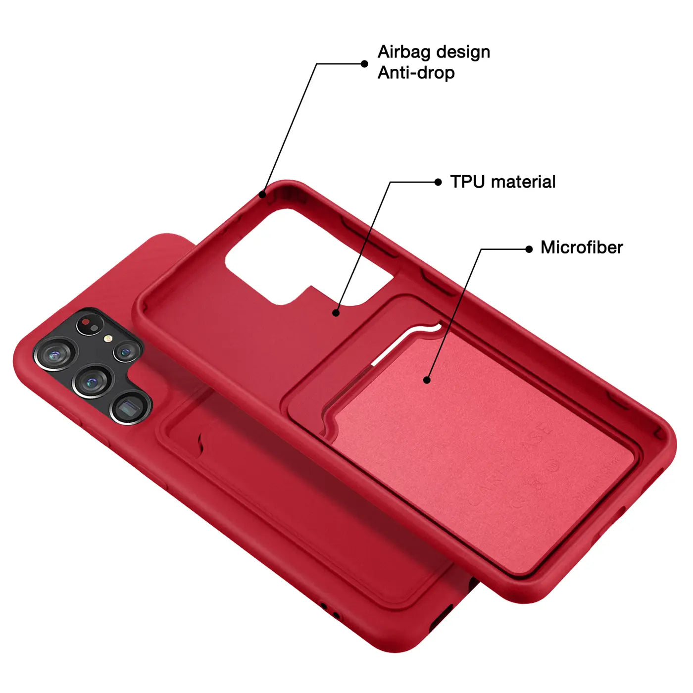 Rote TPU-Hülle mit Kartenfach für Samsung S24 Ultra, von oben schräg gezeigt.
