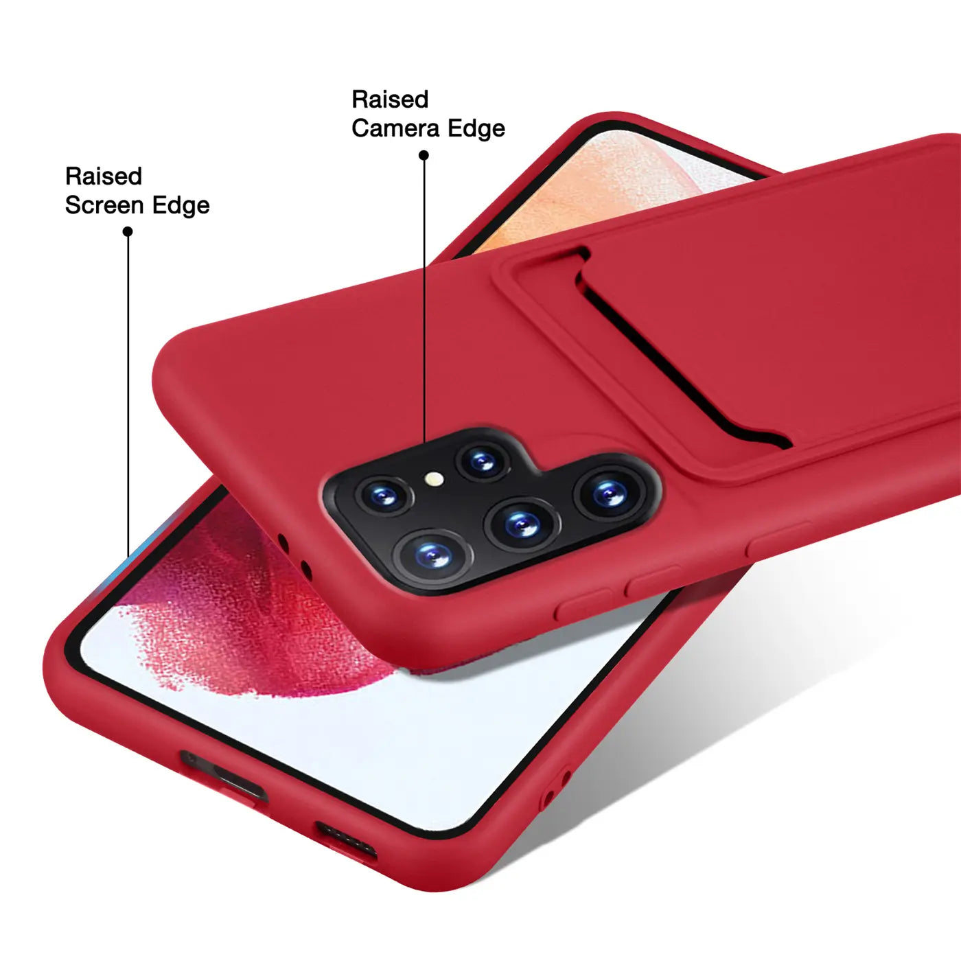 Rote Slim Hülle mit Kartenfach für Samsung S24 Ultra, von oben, mit erhöhten Kanten.