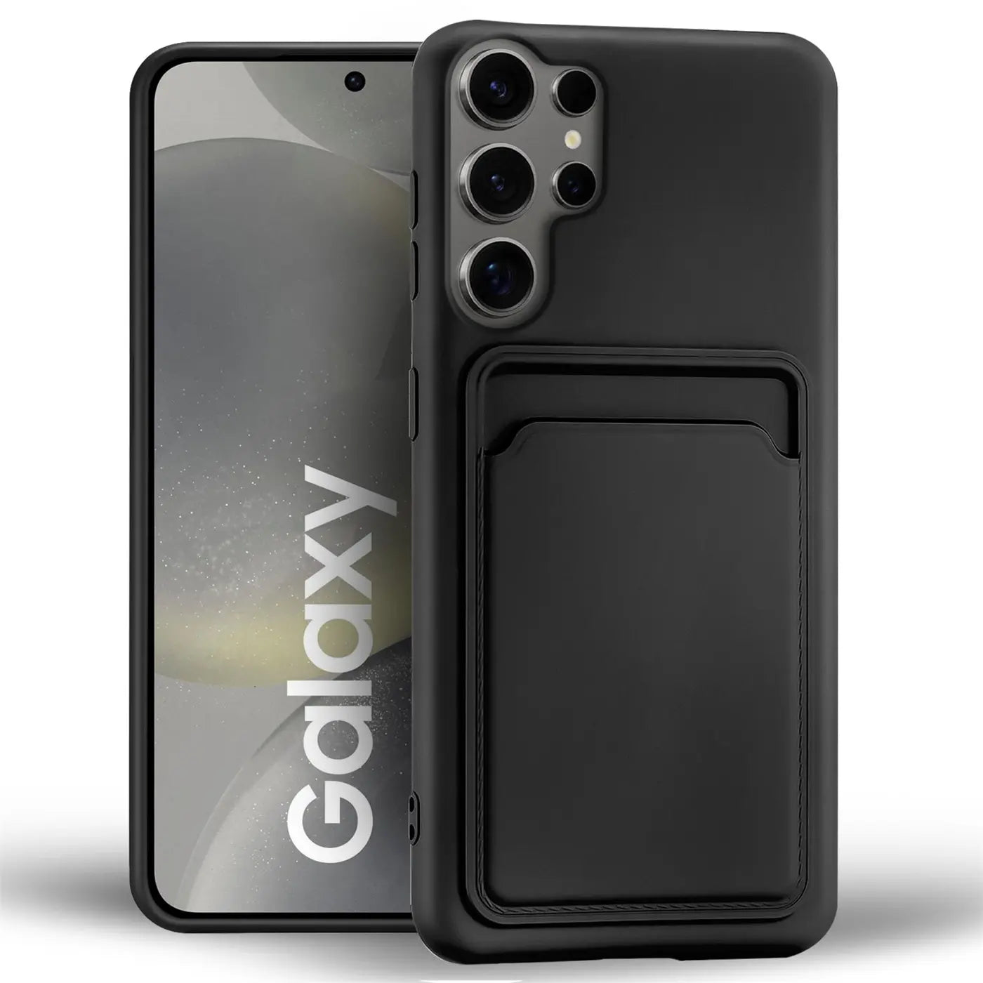 Schwarze Slim Hülle aus Kunststoff mit Kartenfach für Samsung Galaxy S24 Ultra, von vorne gezeigt.