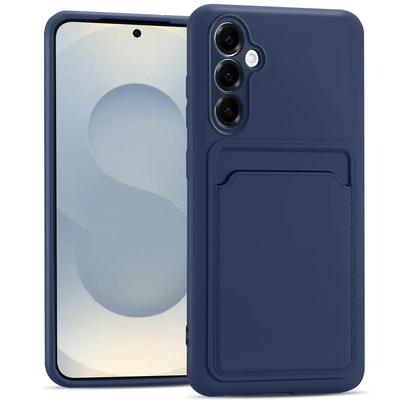 Dunkelblaue Slim Hülle aus Silikon mit Kartenfach, Vorderansicht, Samsung Galaxy S25.