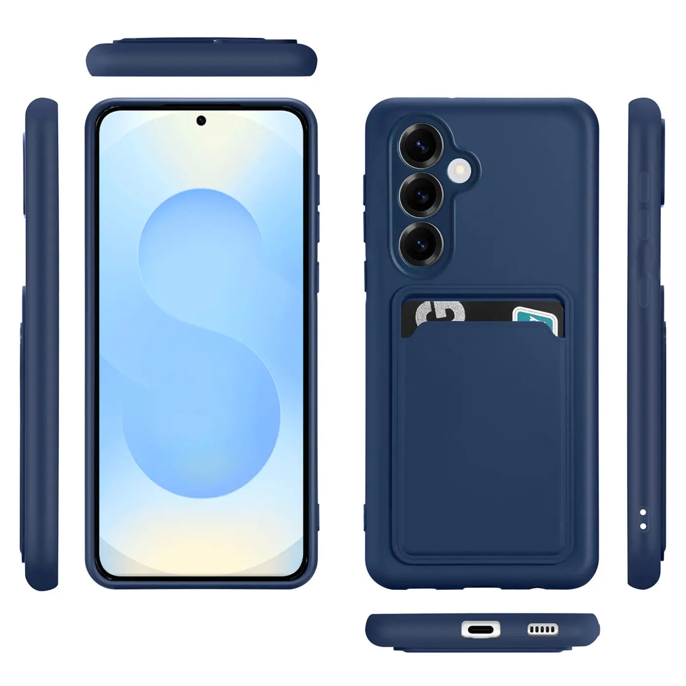 Dunkelblaue Handyhülle aus Silikon mit Kartenfach, Vorder- und Rückansicht, Samsung S25
