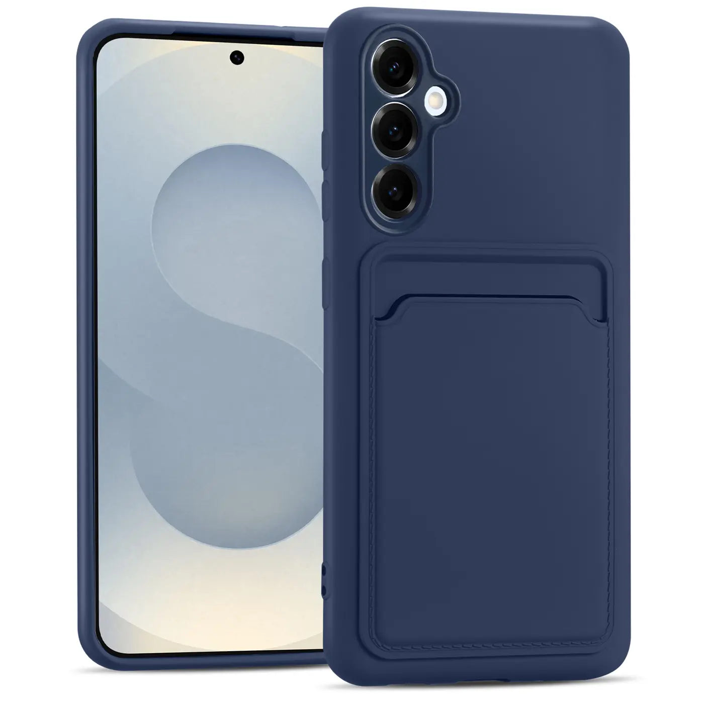 Dunkelblaue Slim Hülle aus Silikon mit Kartenfach für Samsung Galaxy S25 FE, von vorne links
