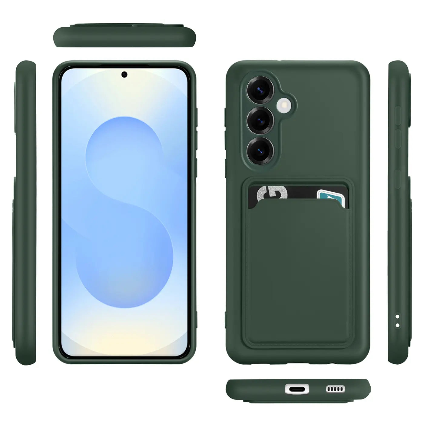 Dunkelgrüne Slim Hülle mit Kartenfach für Samsung Galaxy S25 FE, verschiedene Ansichten
