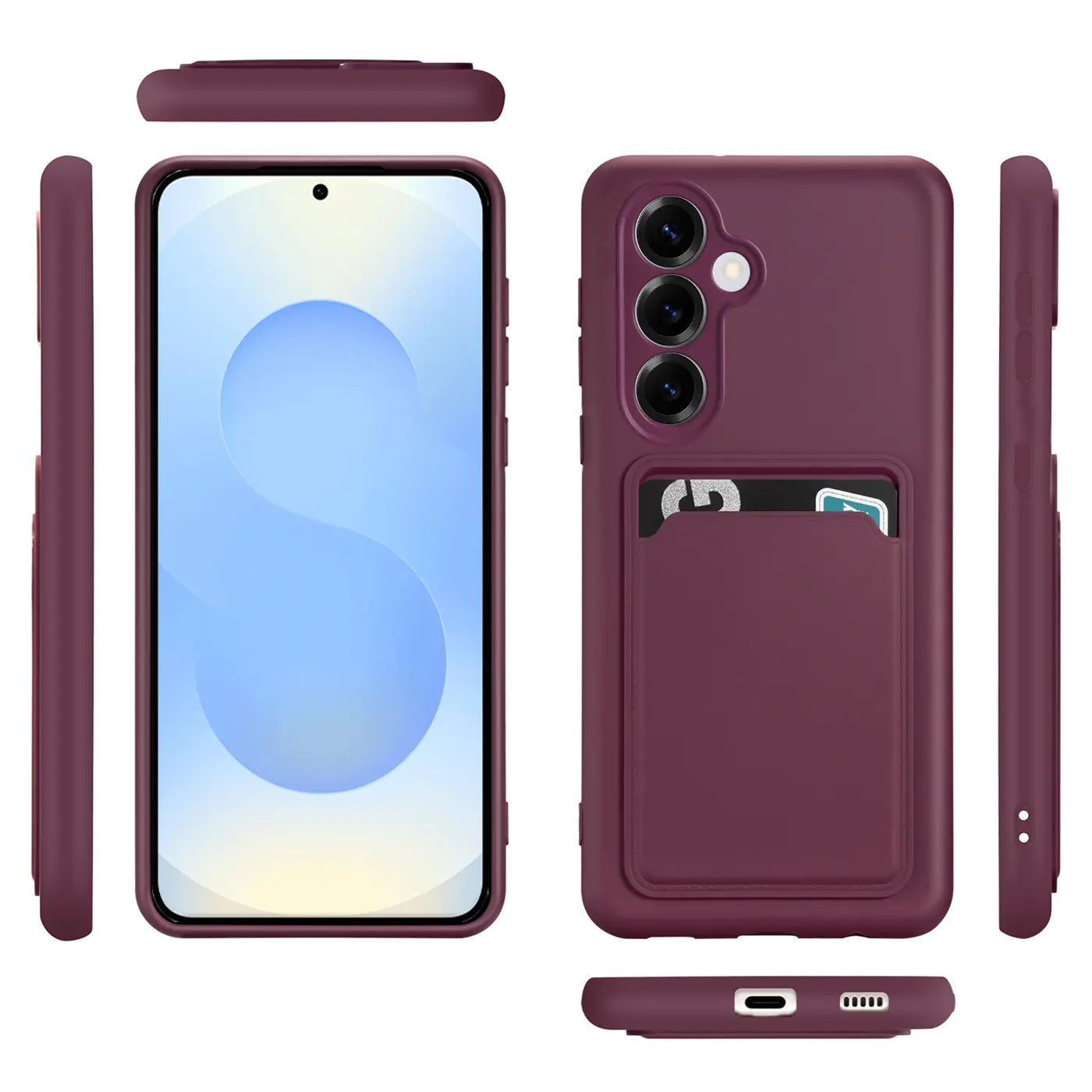 Dunkelrote Slim Hülle aus Kunststoff mit Kartenfach für Samsung Galaxy S25 FE, verschiedene Ansichten.