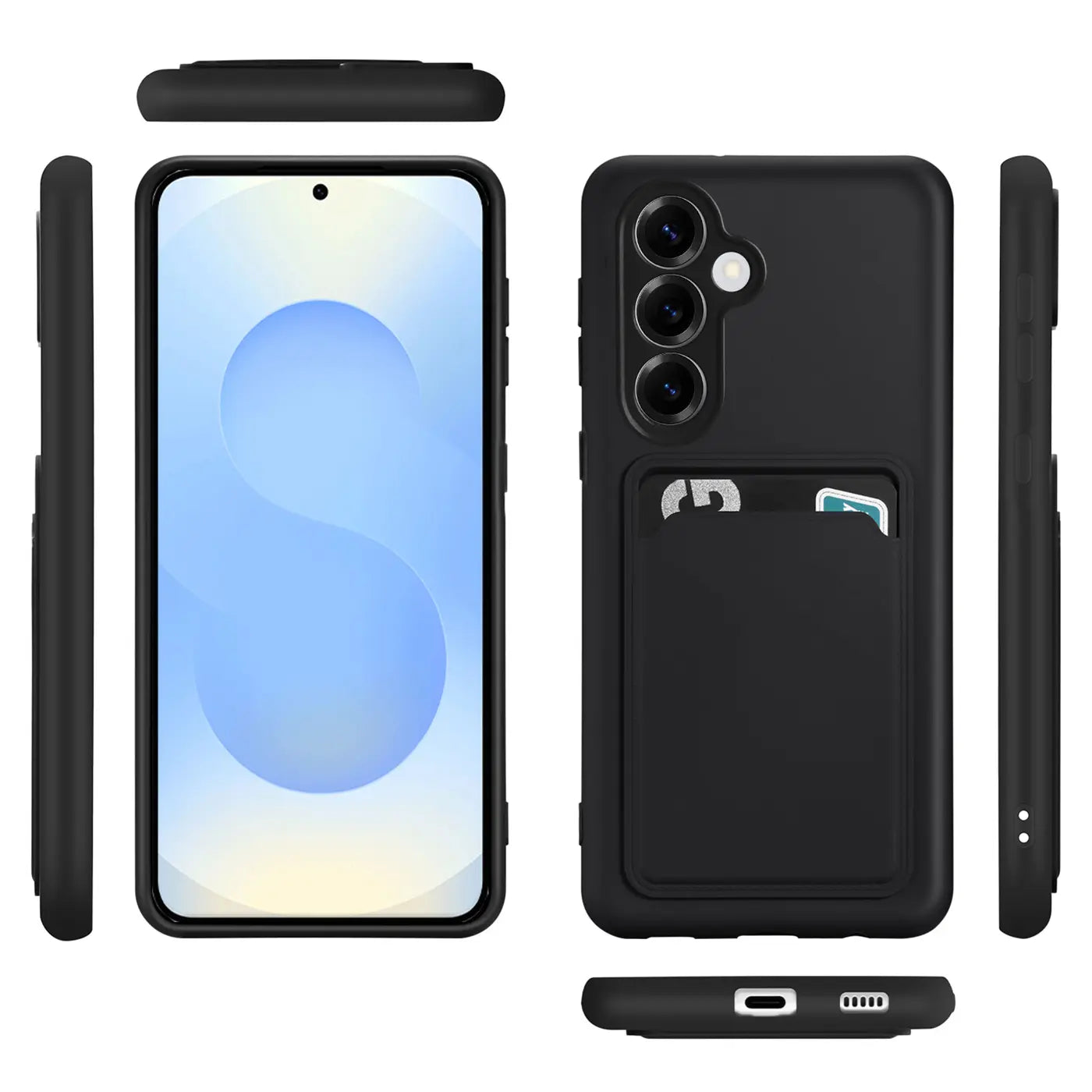 Schwarze Slim Hülle aus Kunststoff mit Kartenfach für Samsung Galaxy S25 FE, verschiedene Ansichten.