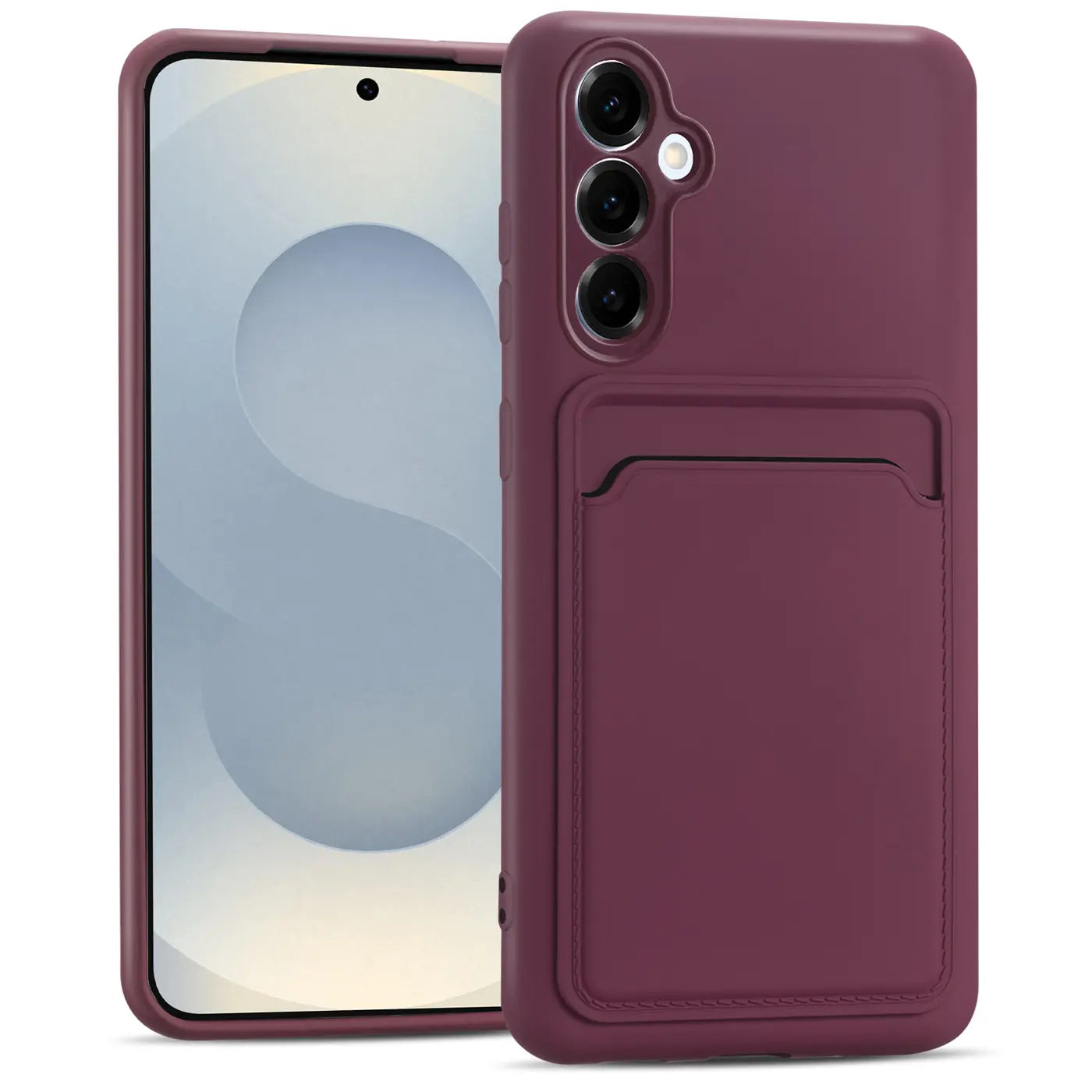 Dunkelrote Slim Hülle aus Silikon mit Kartenfach, Vorder- und Rückansicht, Samsung Galaxy S25.