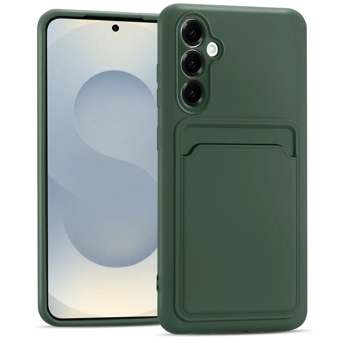 Dunkelgrüne Handyhülle aus Silikon mit Kartenfach, Vorder- und Rückansicht, Samsung Galaxy S25 Plus.
