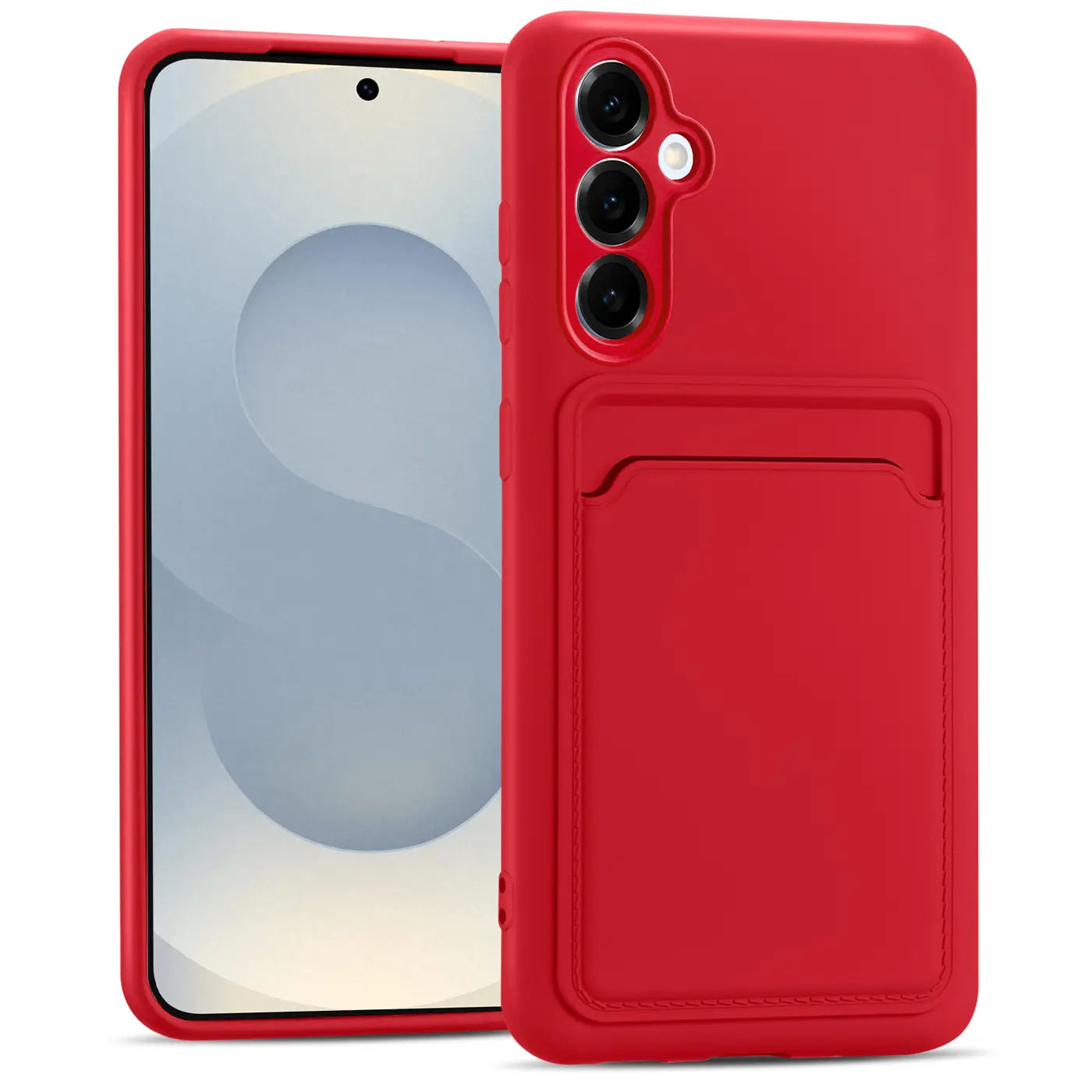 Rote Handyhülle aus Kunststoff mit Kartenfach, Vorder- und Rückansicht, Samsung Galaxy S25 Plus.