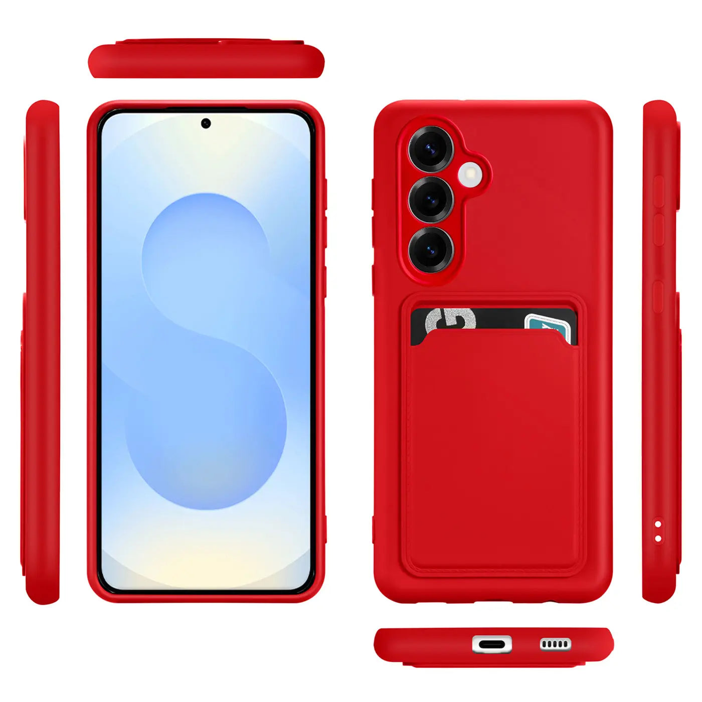 Rote Slim Hülle aus Kunststoff mit Kartenfach für Samsung Galaxy S25, verschiedene Ansichten.