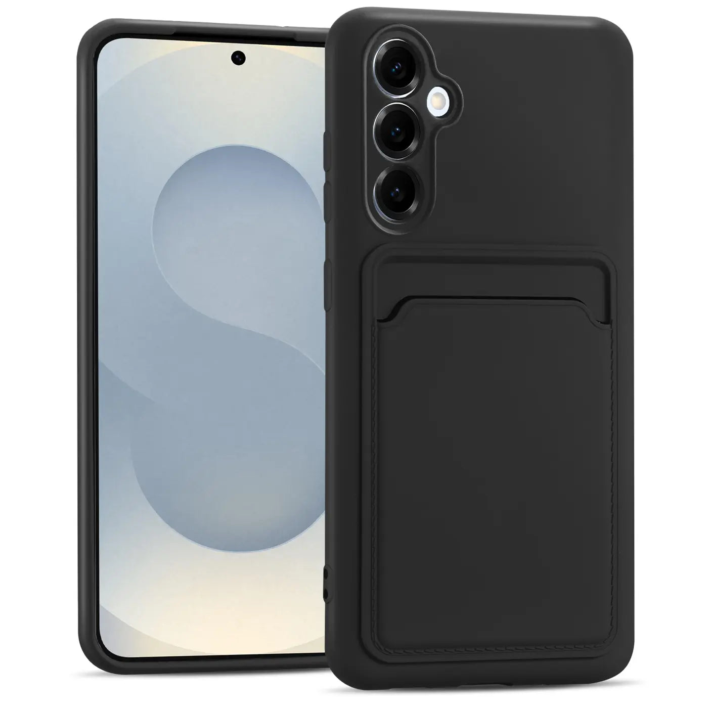 Schwarze Slim Hülle aus Kunststoff mit Kartenfach, Vorderansicht, Samsung Galaxy S25.