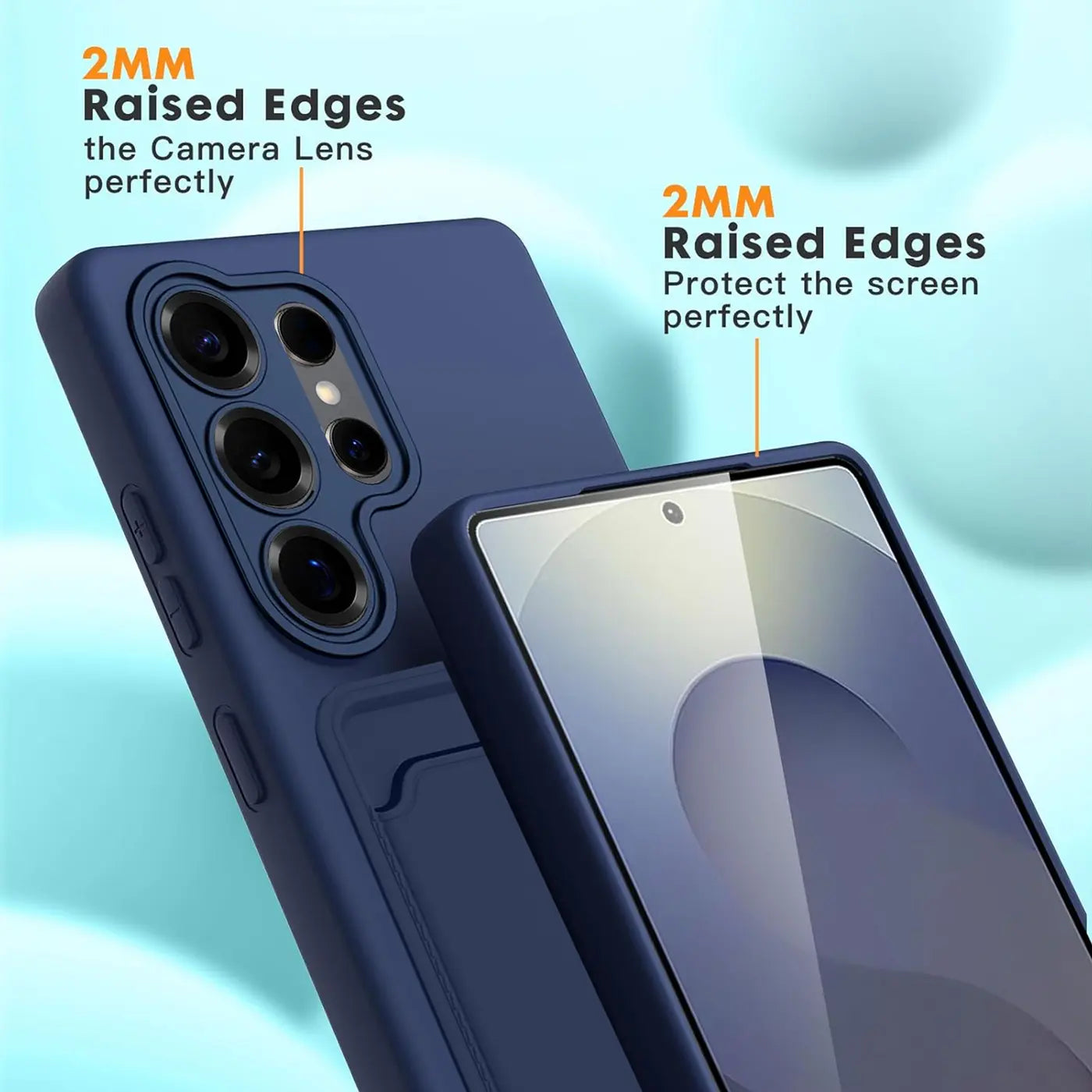 Dunkelblaue Slim Hülle aus Kunststoff mit Kartenfach für Samsung Galaxy S25 Ultra, Nahaufnahme.