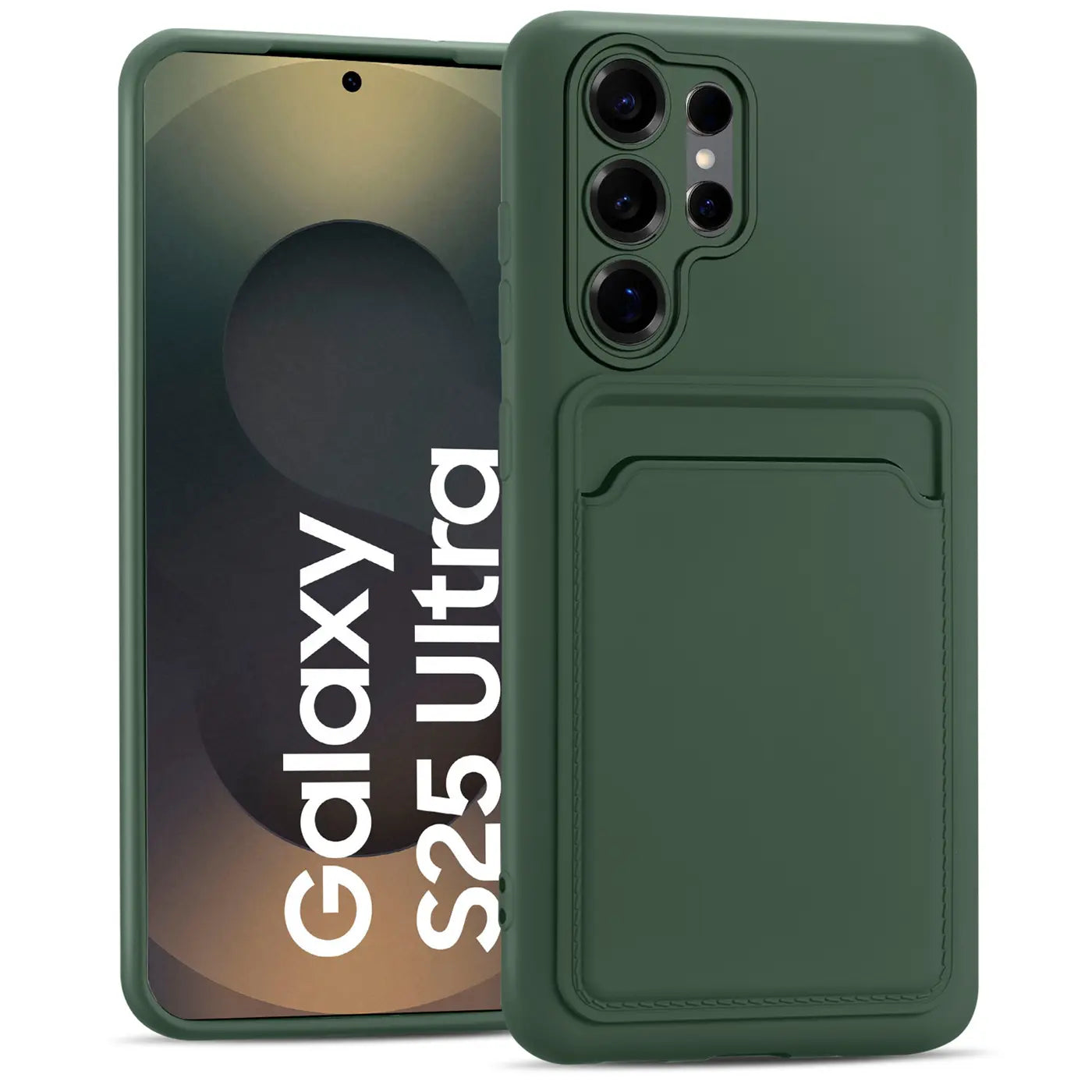 Dunkelgrüne Slim Hülle mit Kartenfach für Samsung Galaxy S25 Ultra, von vorne.