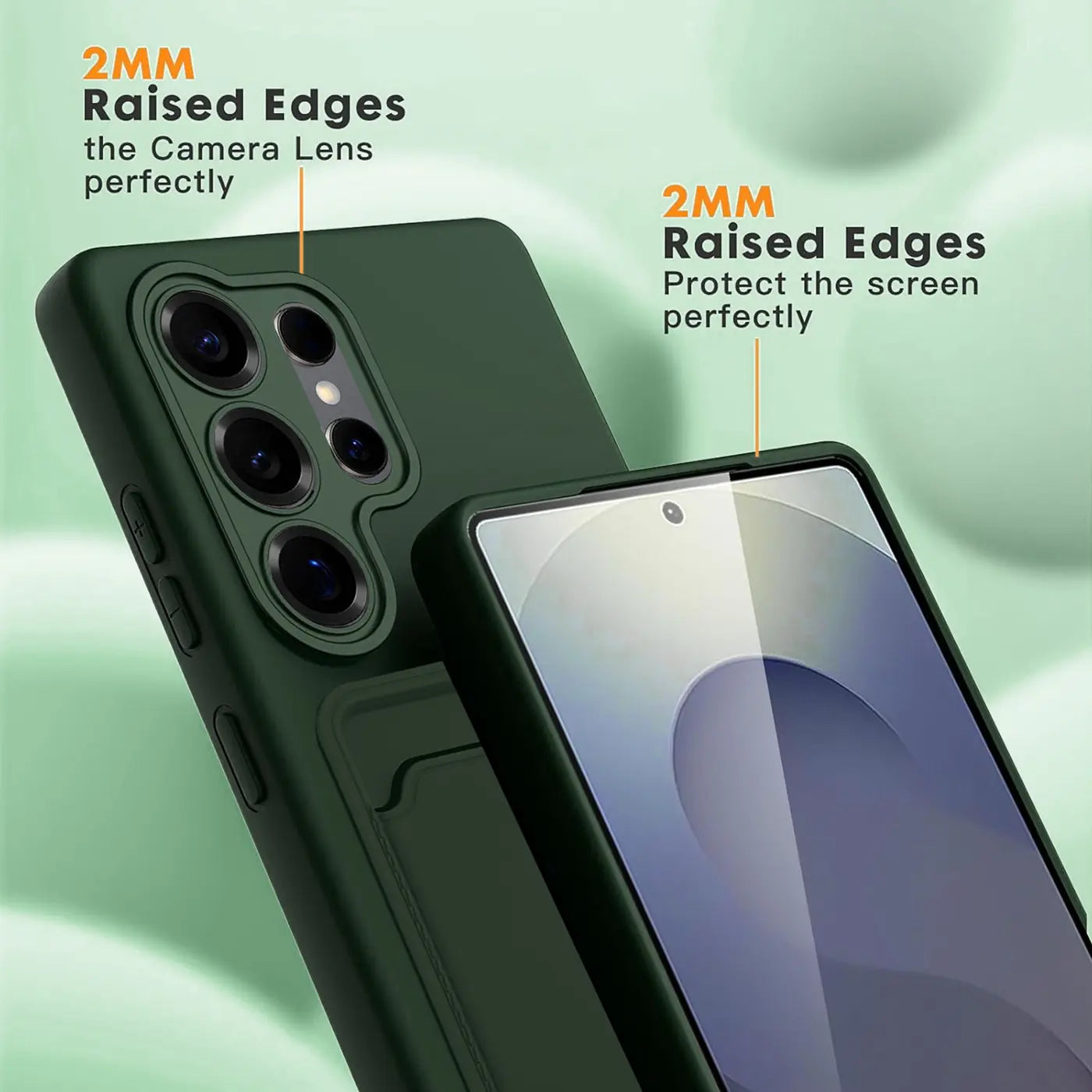 Dunkelgrüne Slim Hülle aus Kunststoff mit Kartenfach für Samsung S25 Ultra, Nahaufnahme.