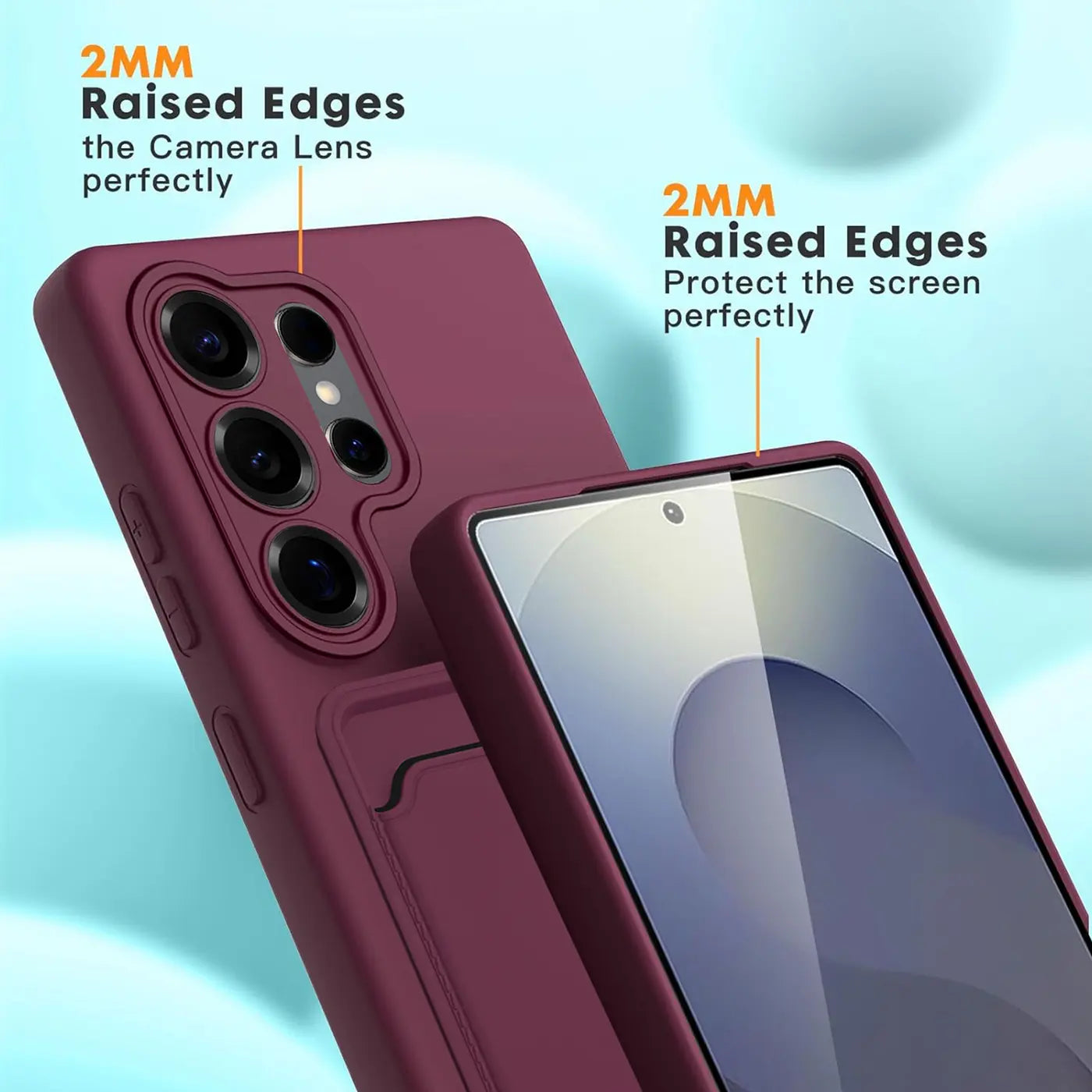 Dunkelrote Slim Hülle aus Kunststoff mit Kartenfach, zeigt Rückseite und Vorderseite eines Samsung Galaxy S25 Ultra.