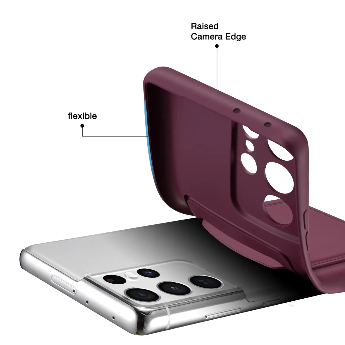 Dunkelrote, flexible Hülle mit erhöhter Kamerakante auf Samsung Galaxy S25 Ultra.