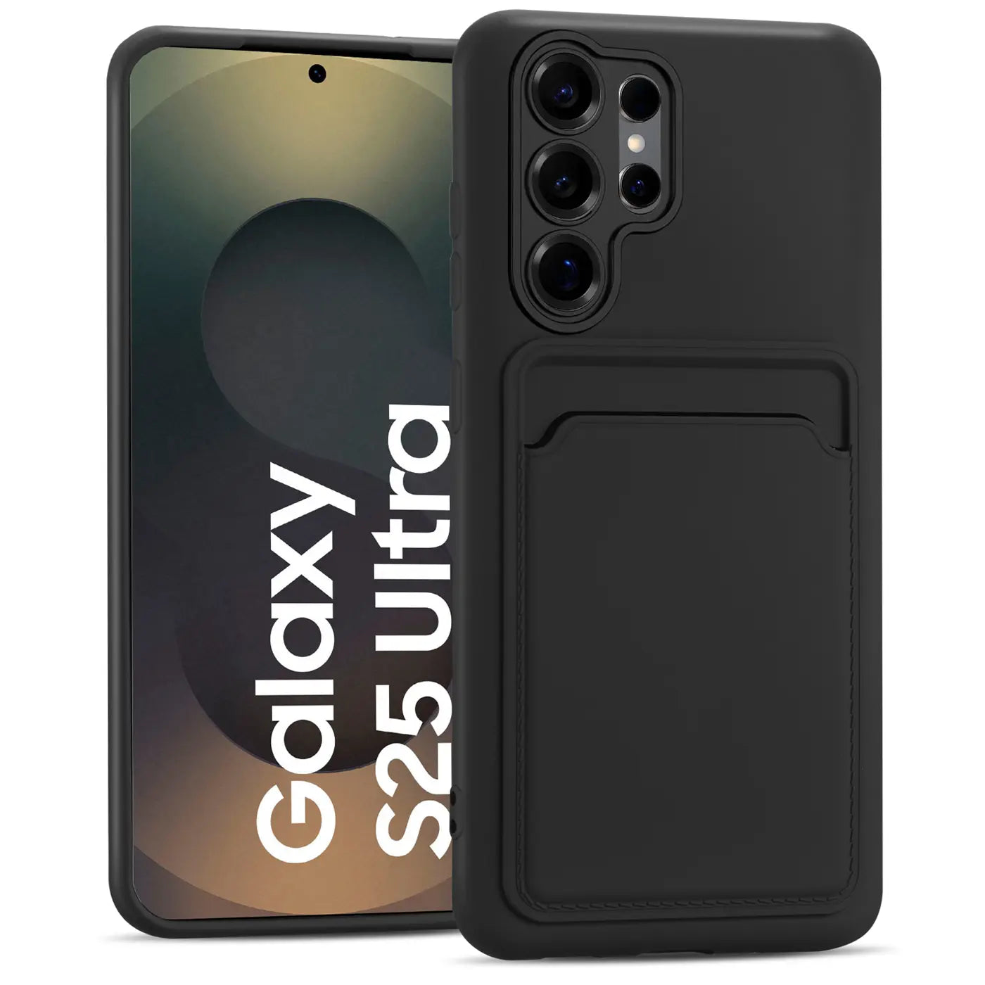 Schwarze Slim Hülle aus Gummi mit Kartenfach, Vorderansicht, Samsung Galaxy S25 Ultra.