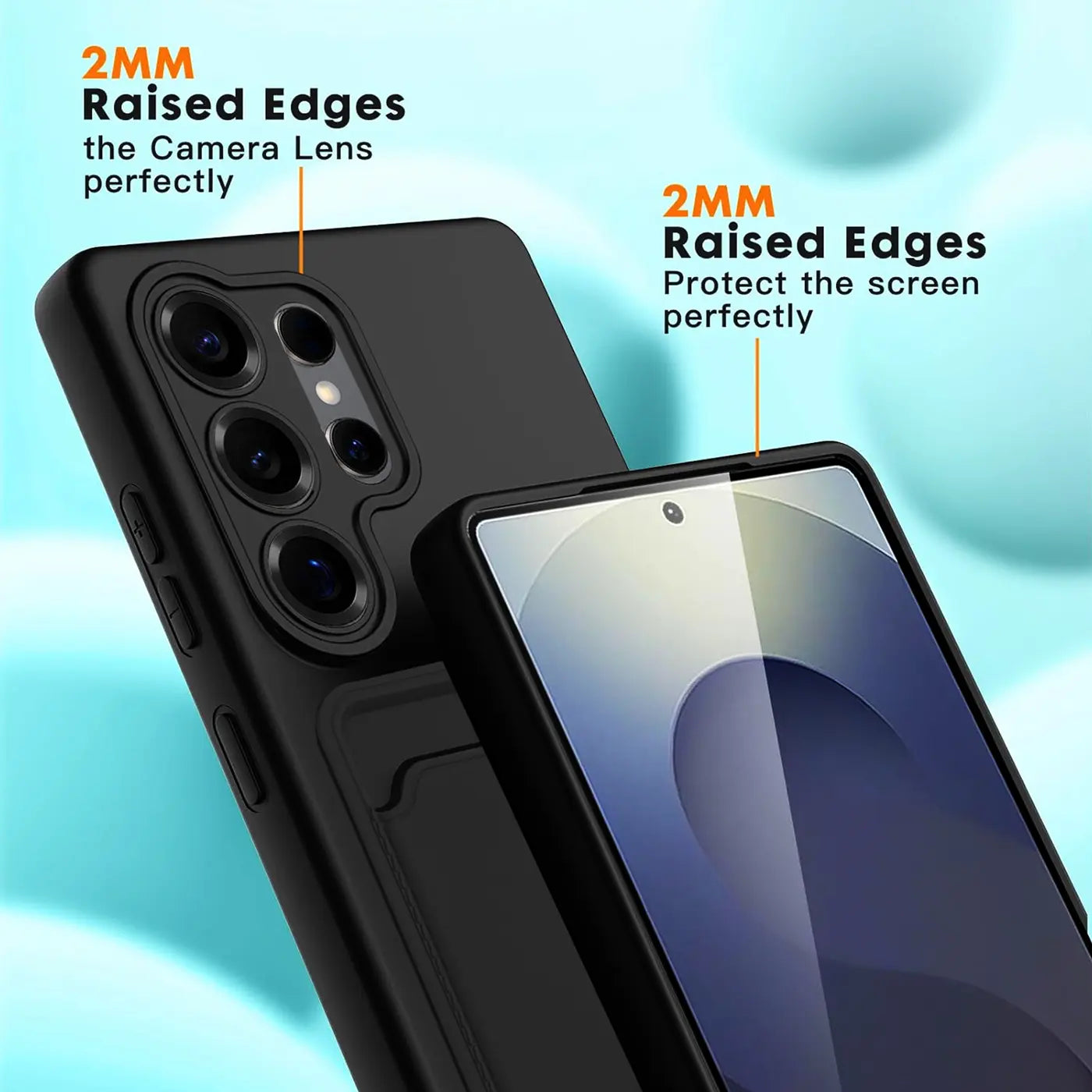 Schwarze Handyhülle aus Kunststoff, Nahaufnahme, Samsung Galaxy S25 Ultra mit Kartenfach.