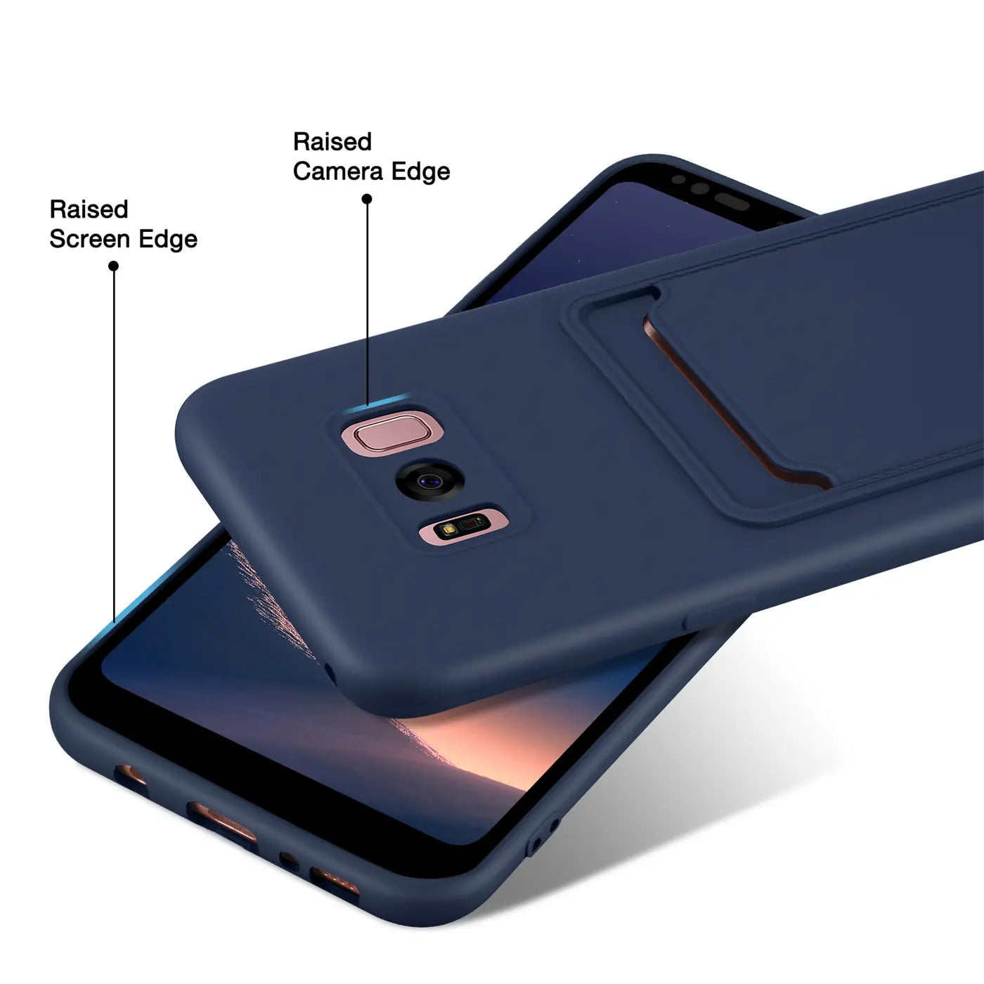 Dunkelblaue Slim Hülle aus Kunststoff mit Kartenfach, zeigt Rückseite Samsung Galaxy S8.