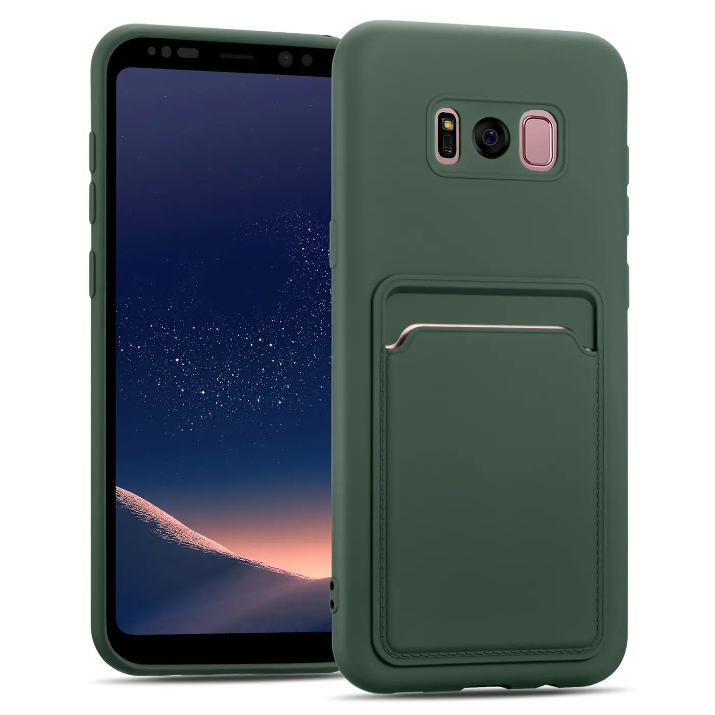 Dunkelgrüne Slim Hülle aus Kunststoff mit Kartenfach, Vorder- und Rückansicht, Samsung Galaxy S8.