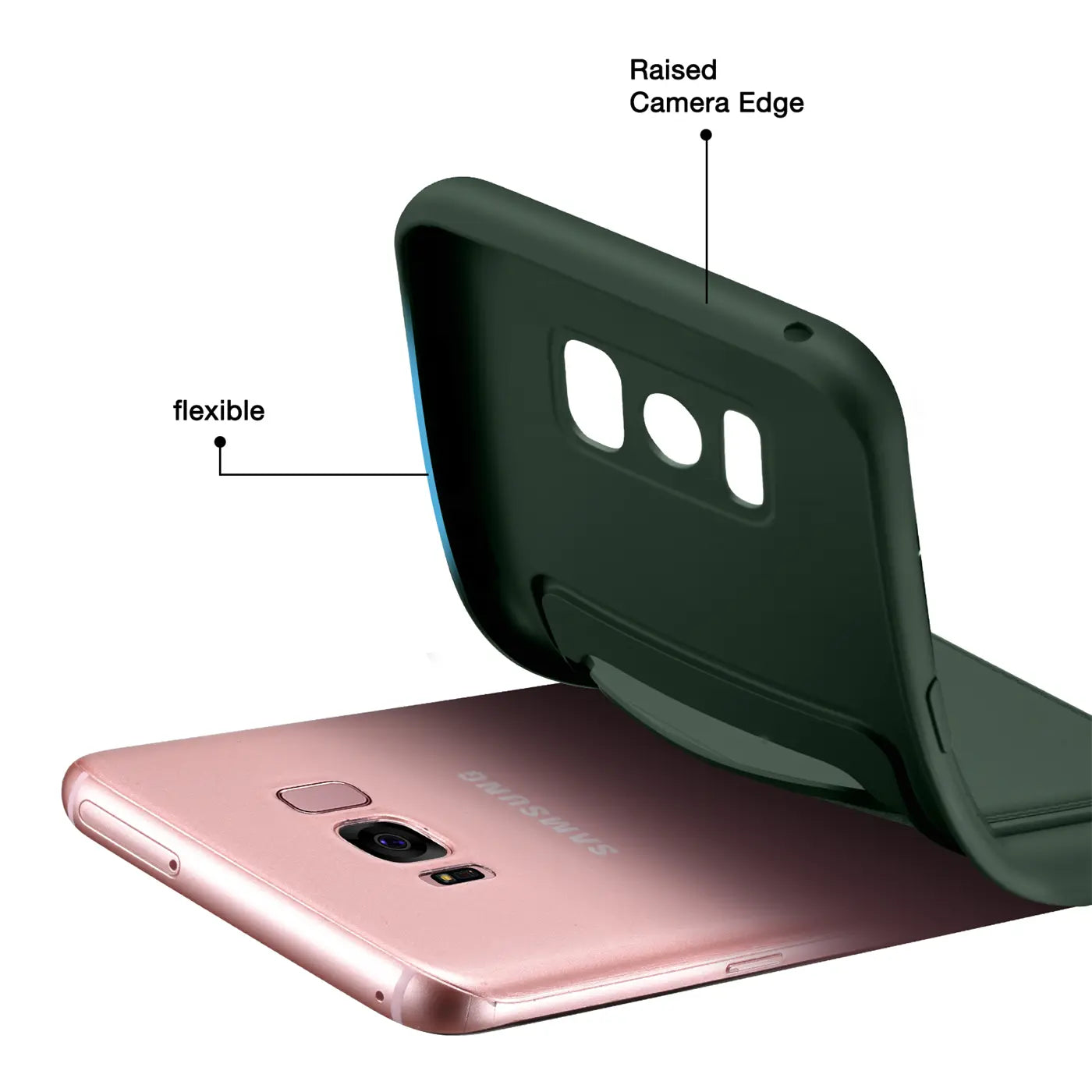 Dunkelgrüne flexible Hülle über rosafarbenem Samsung S8, von oben/hinten gesehen.