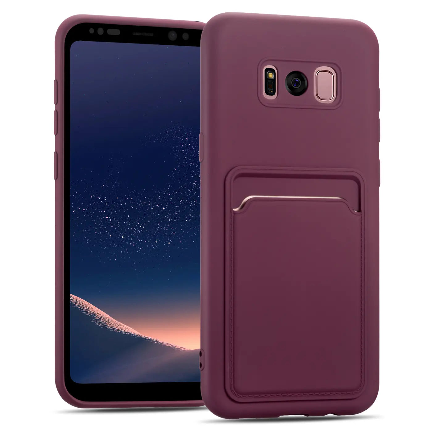Dunkelrote Hülle aus Kunststoff mit Kartenfach für Samsung Galaxy S8, von vorne und hinten gezeigt.