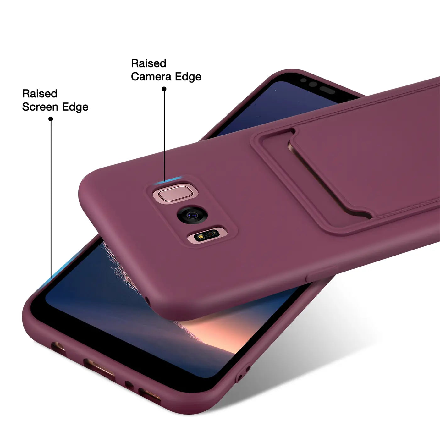 Lila Hülle mit Kartenfach für Samsung Galaxy S8, von schräg oben, mit erhöhten Kanten.