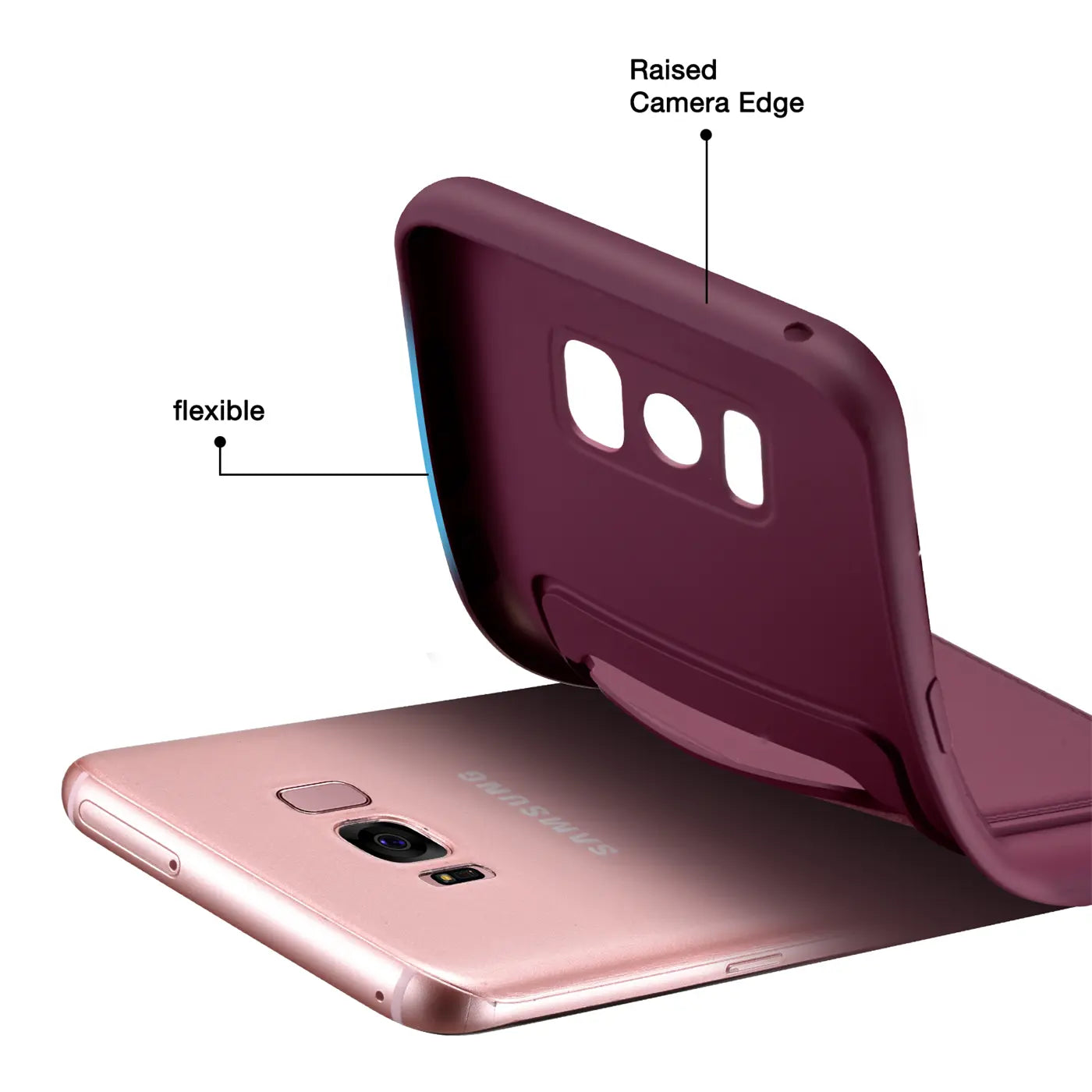 Weinrote flexible Hülle über Samsung Galaxy S8, Rückansicht.