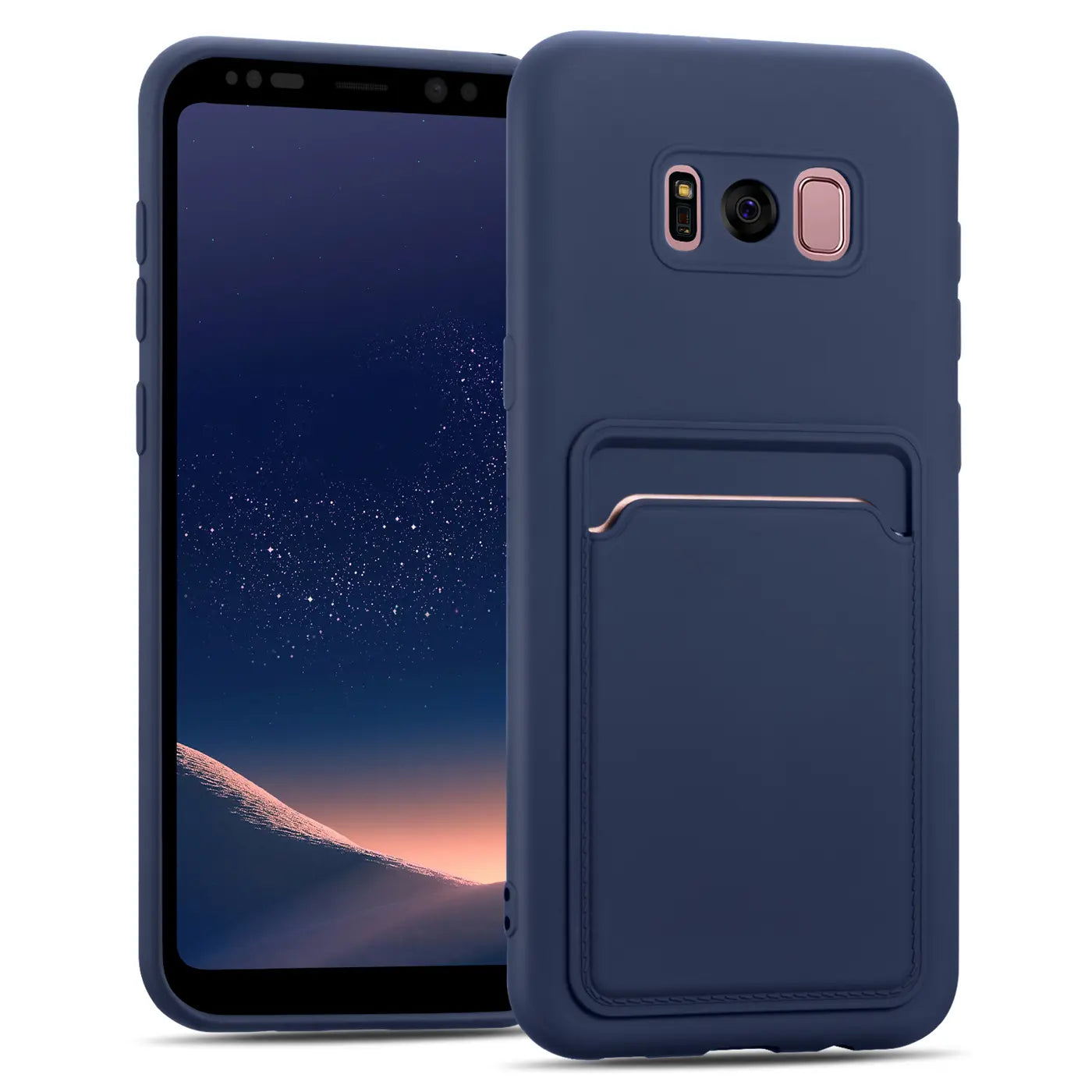 Dunkelblaue Handyhülle aus Kunststoff mit Kartenfach für Samsung Galaxy S8 Plus, Rückansicht.