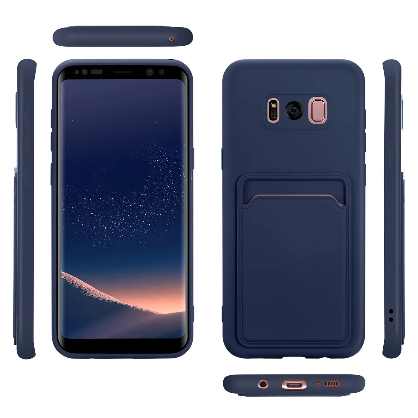 Dunkelblaue Slim Hülle aus Kunststoff mit Kartenfach für Samsung Galaxy S8 Plus. Mehrere Ansichten.