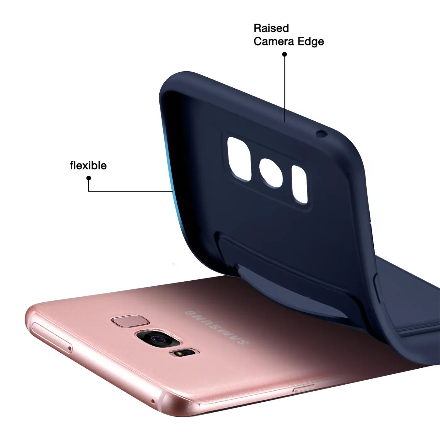 Dunkelblaue flexible Hülle aus Silikon über einem roségoldenen Samsung Galaxy S8 Plus, Seitenansicht.