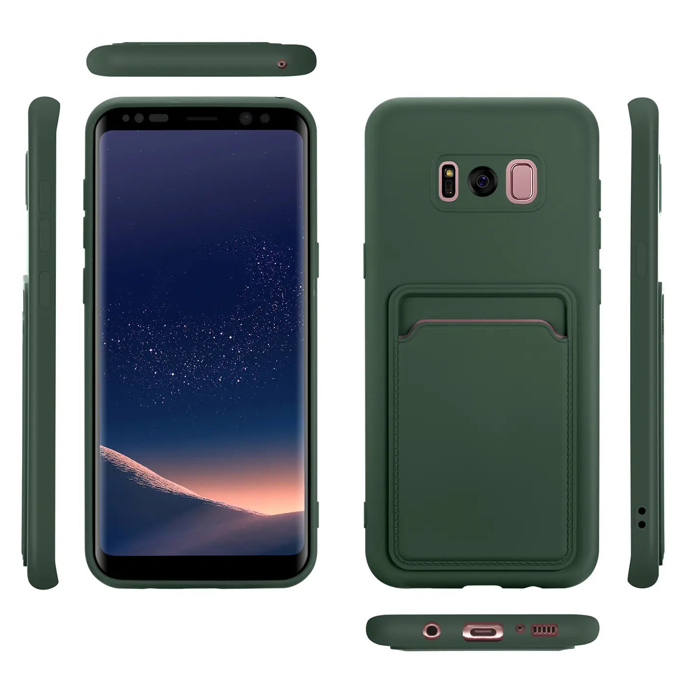 Dunkelgrüne Slim Hülle aus Kunststoff mit Kartenfach für Samsung Galaxy S8 Plus, verschiedene Ansichten.
